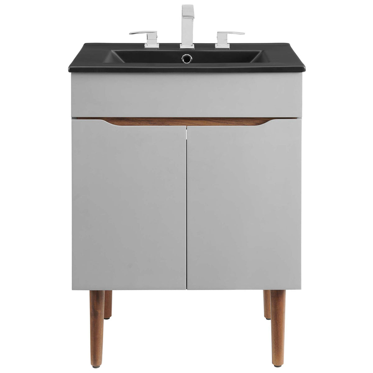 Gray vanity with black integrated sink and widespread faucet compatibility on wood legs || EEI-5357-GRY-BLK || front_studio