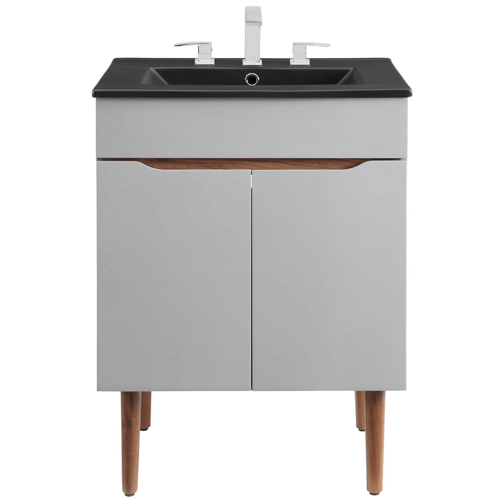 Gray vanity with black integrated sink and widespread faucet compatibility on wood legs || EEI-5357-GRY-BLK || front_studio