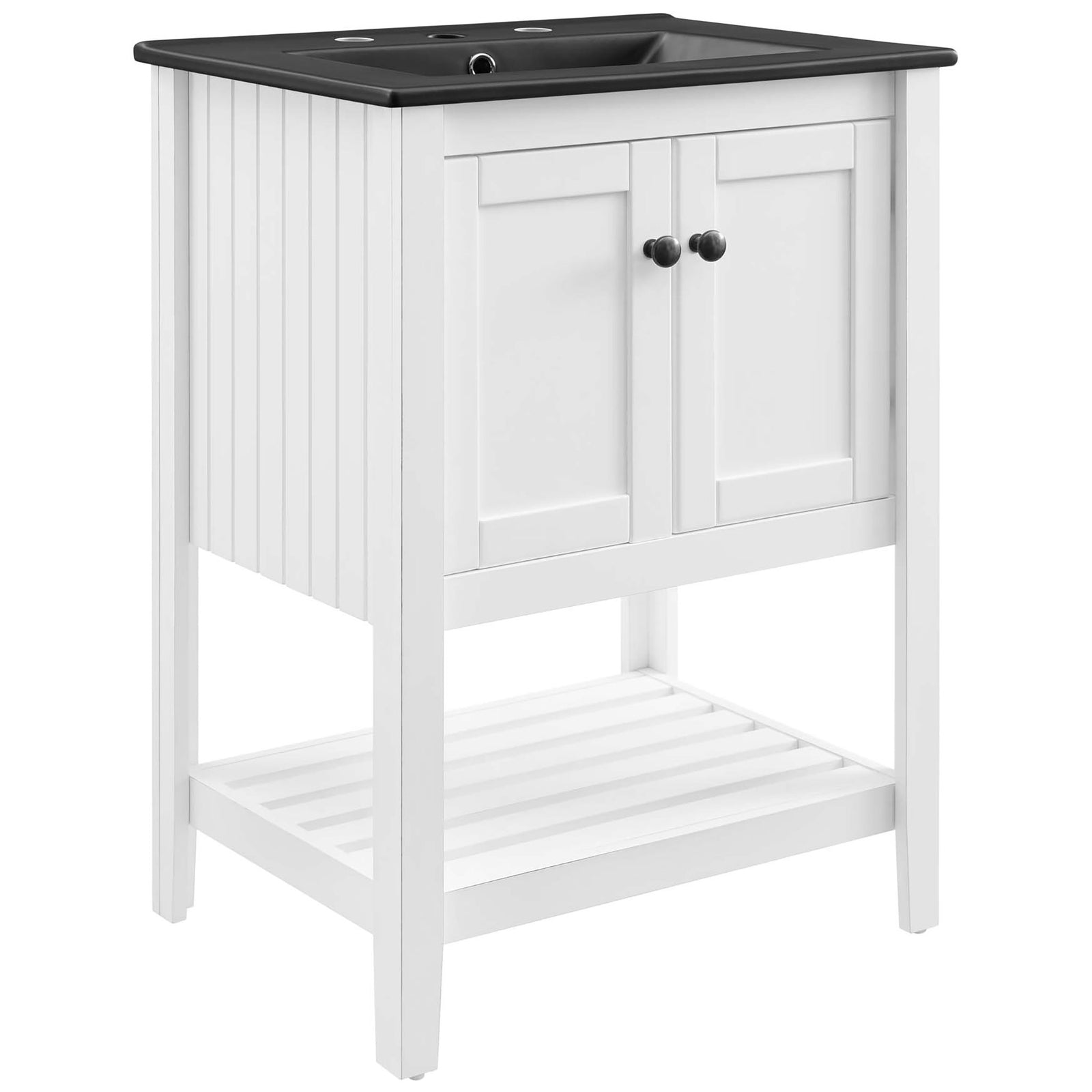 Cottage-style white vanity with slatted sides, dual doors, and a matte black integrated basin top || EEI-5358-WHI-BLK || front_angle_studio