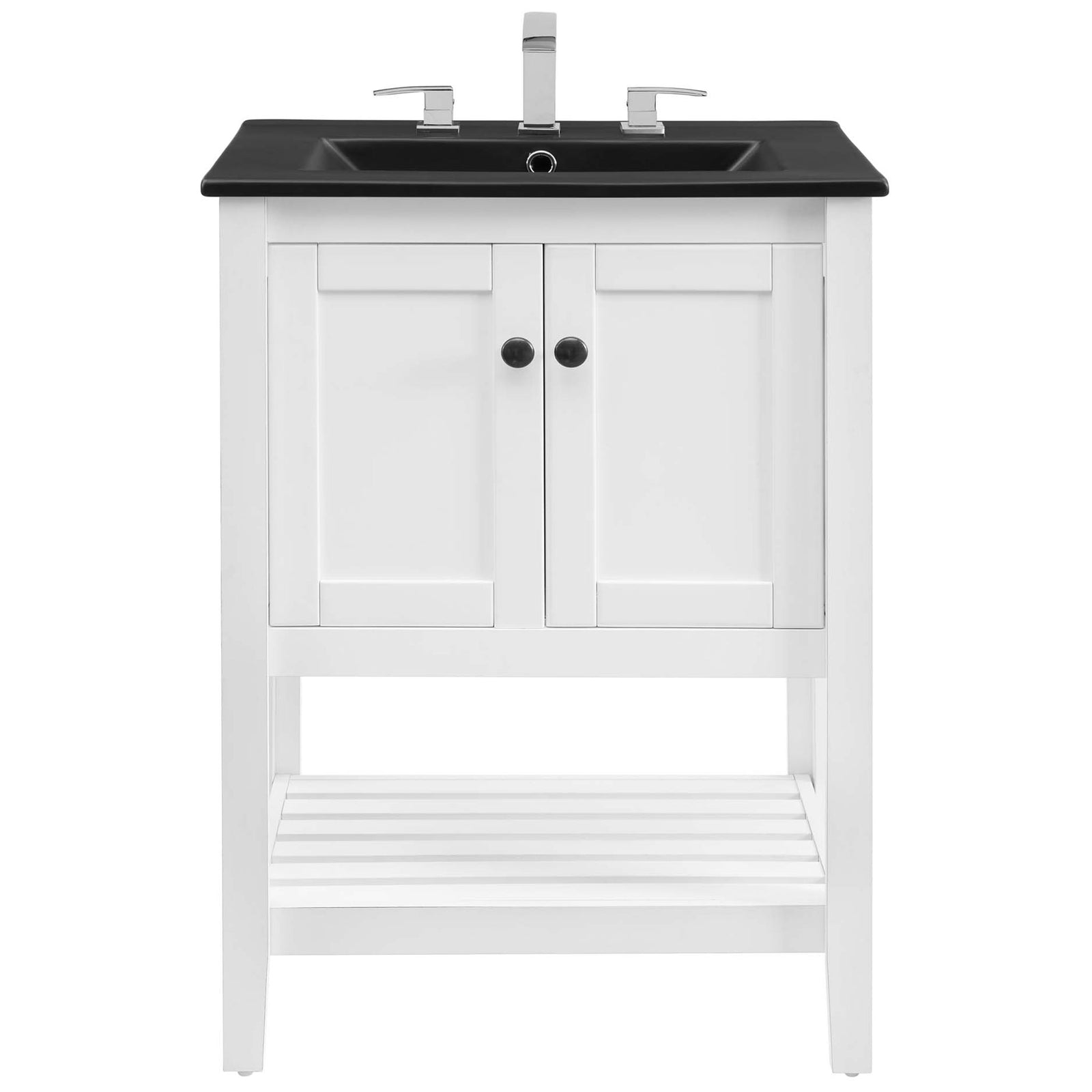 Sleek black countertop and curved basin atop a crisp white vanity with double doors and shelf || EEI-5358-WHI-BLK || front_studio