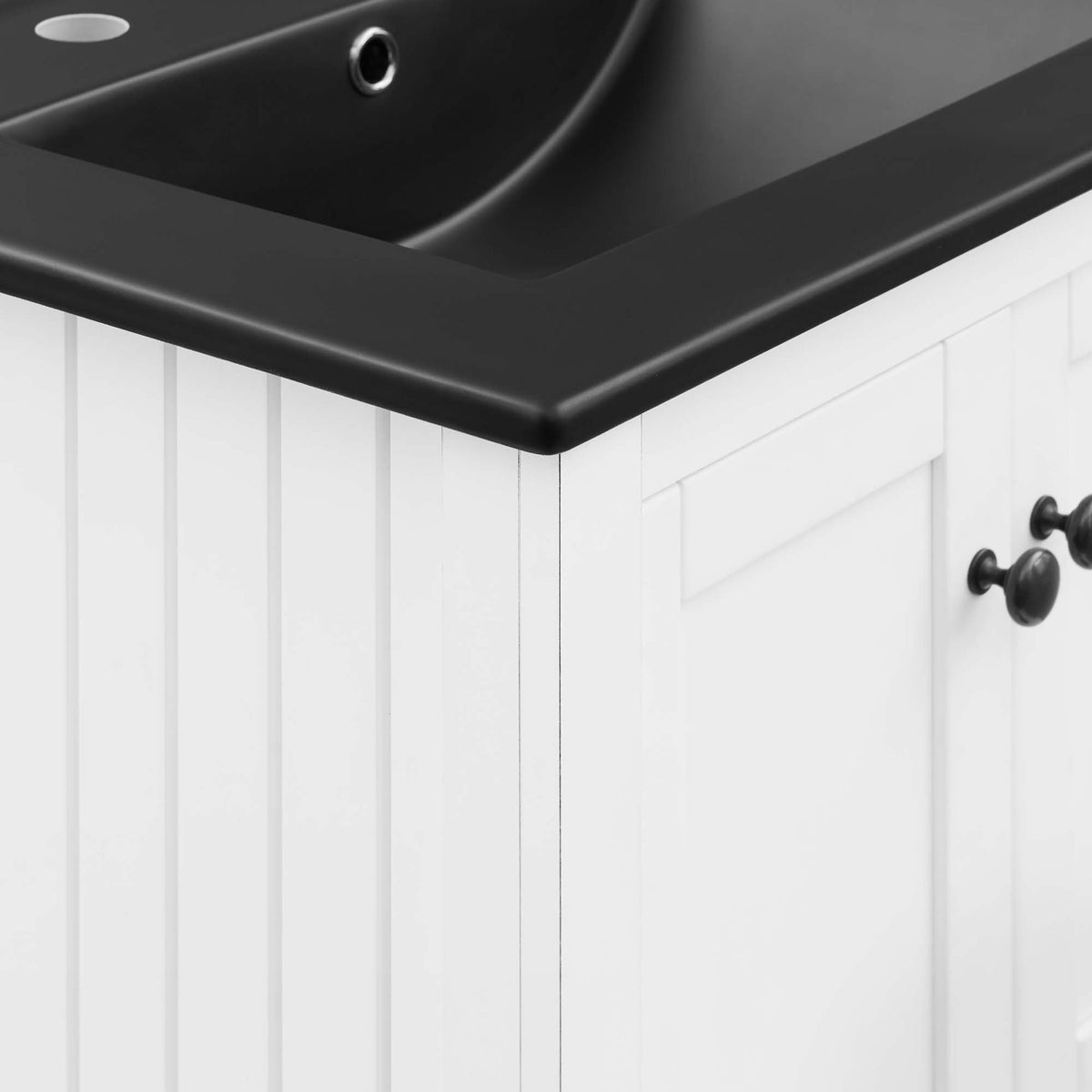 Crisp beadboard-style side panels meet a smooth, rounded countertop edge || EEI-5358-WHI-BLK || detail_studio
