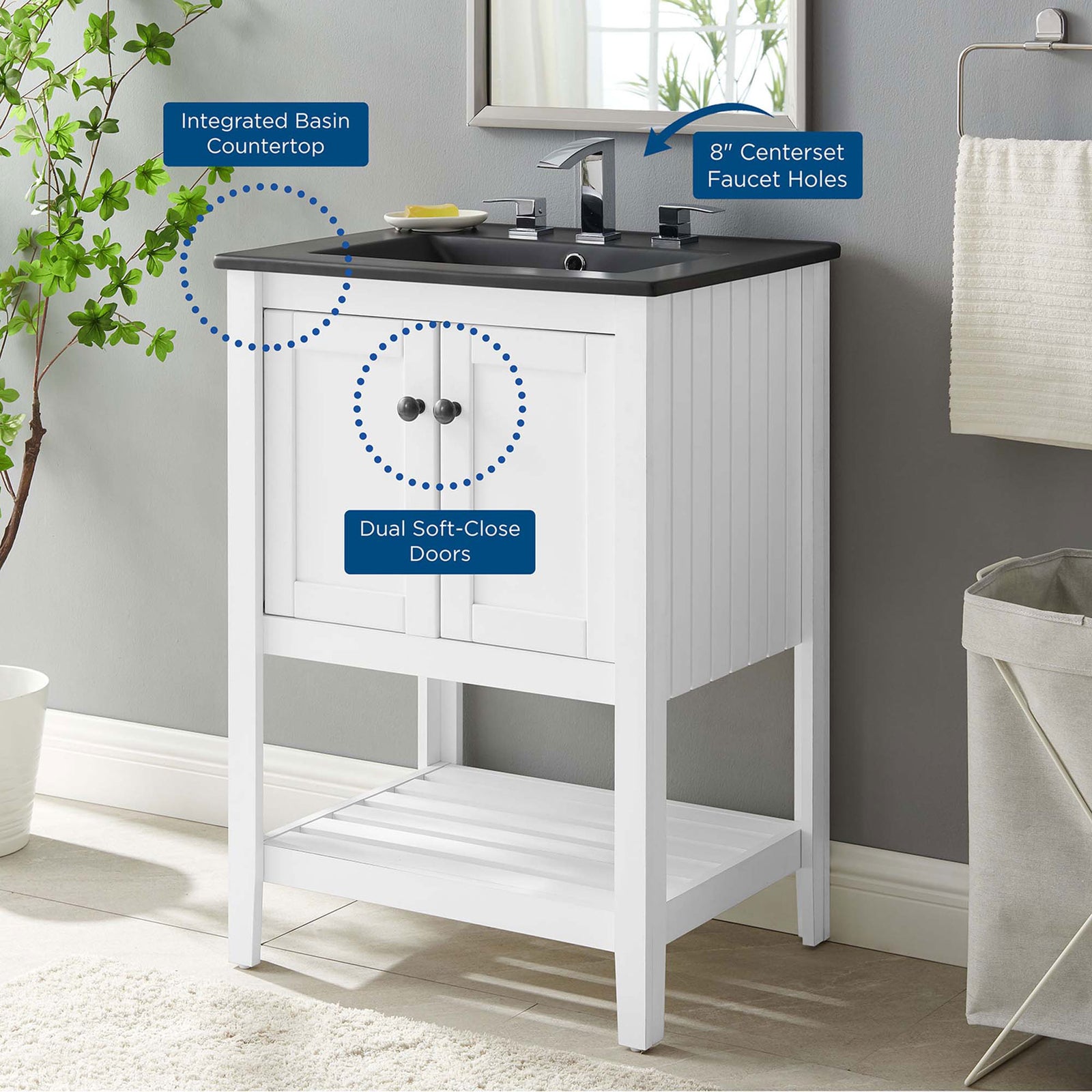 Key features highlighted: integrated basin countertop, dual soft-close doors, and widespread faucet spacing || EEI-5358-WHI-BLK || callout_room