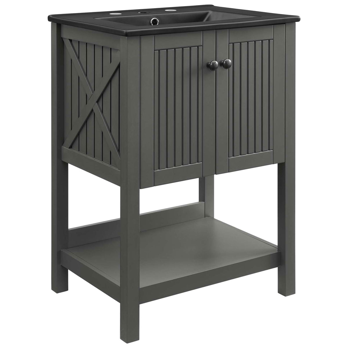 Gray vanity with integrated black basin, vertical slat doors, x-bar side detail, and open lower shelf || EEI-5360-GRY-BLK || front_angle_studio