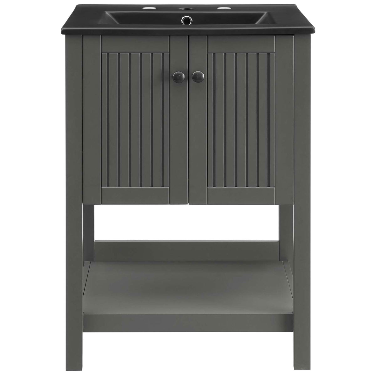 Compact 24-inch vanity with dual doors, integrated basin, and 8-inch faucet holes || EEI-5360-GRY-BLK || front_studio