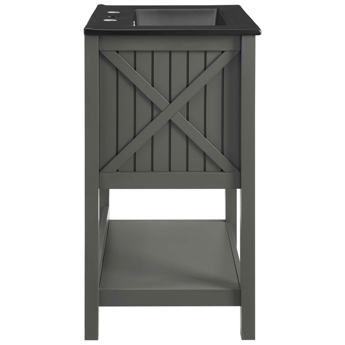 Side profile with x-bar accent and slatted paneling under a sleek black integrated basin || EEI-5360-GRY-BLK || side_studio