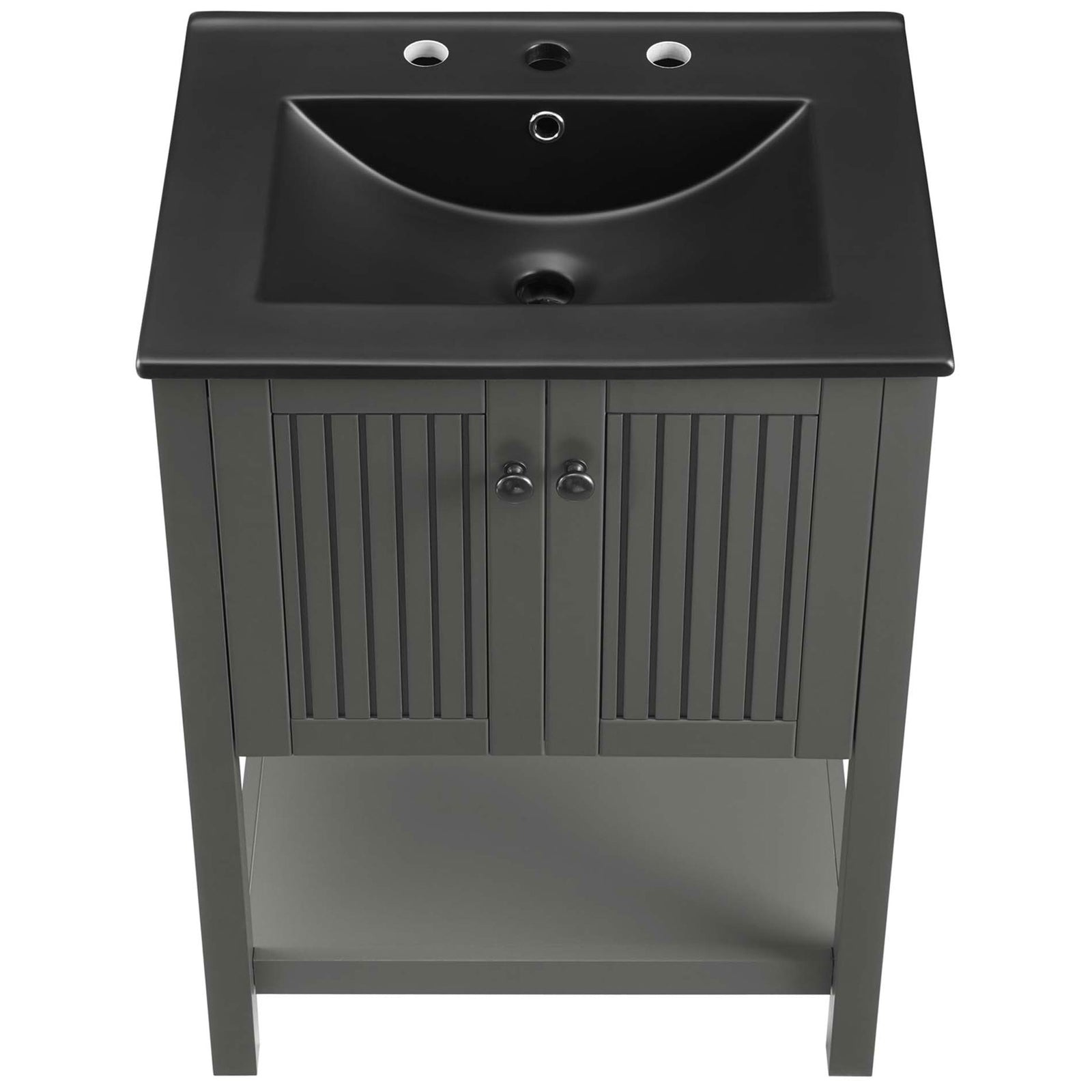 Curved integrated basin top with three faucet holes in a deep black finish || EEI-5360-GRY-BLK || top_studio
