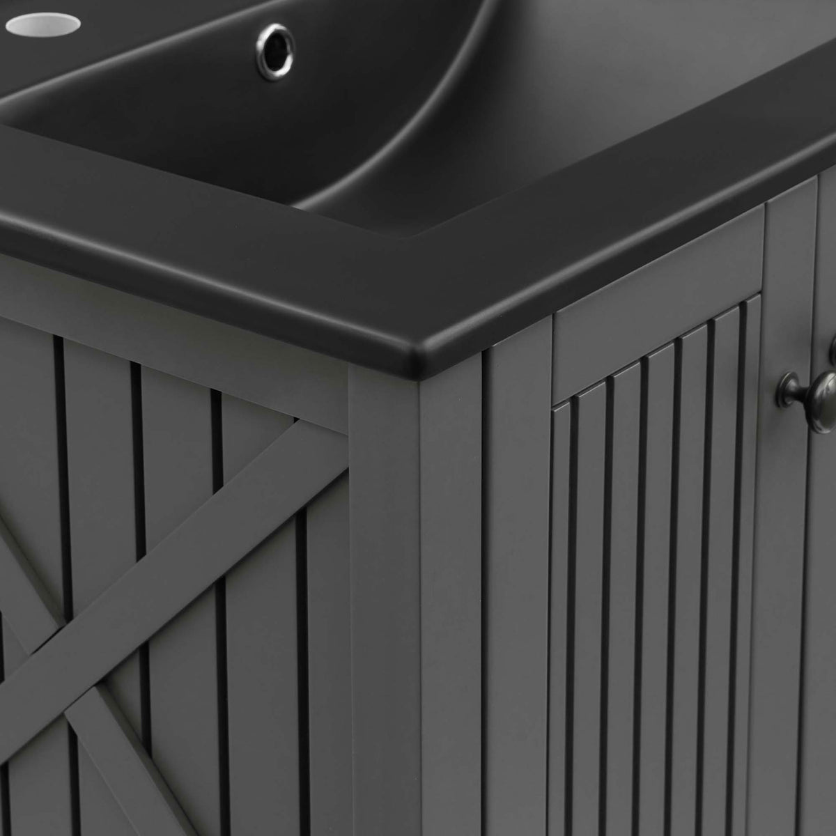 Close-up of smooth basin edge, x-bar side detail, and vertical slat door texture || EEI-5360-GRY-BLK || detail_studio