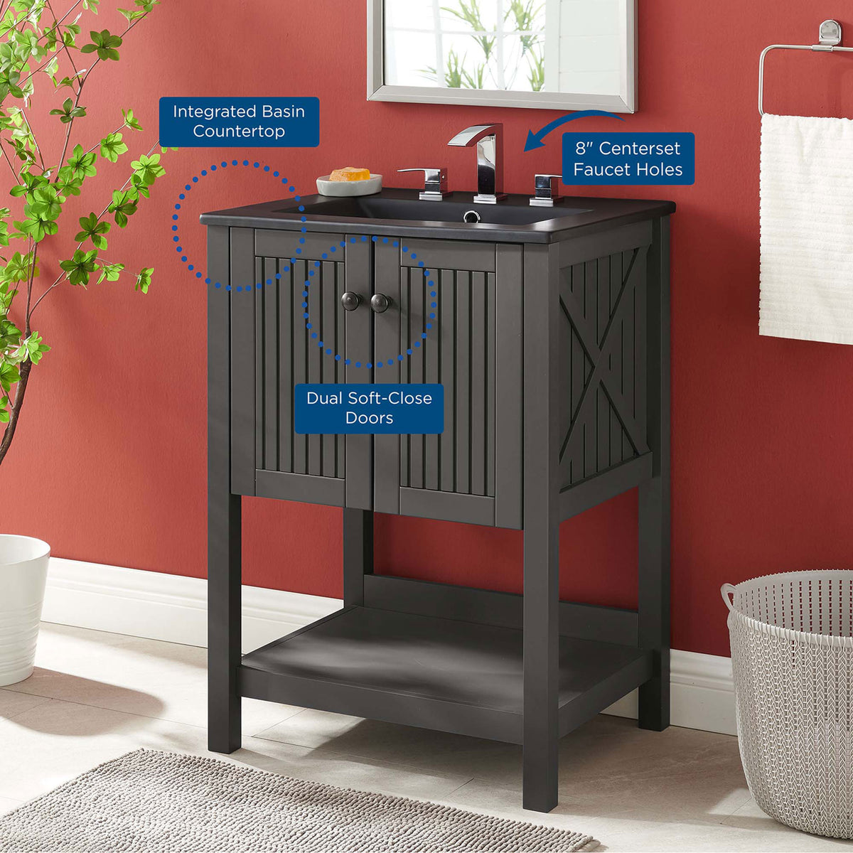 Annotated view highlights integrated basin countertop, dual soft-close doors, and 8-inch faucet holes || EEI-5360-GRY-BLK || callout_room
