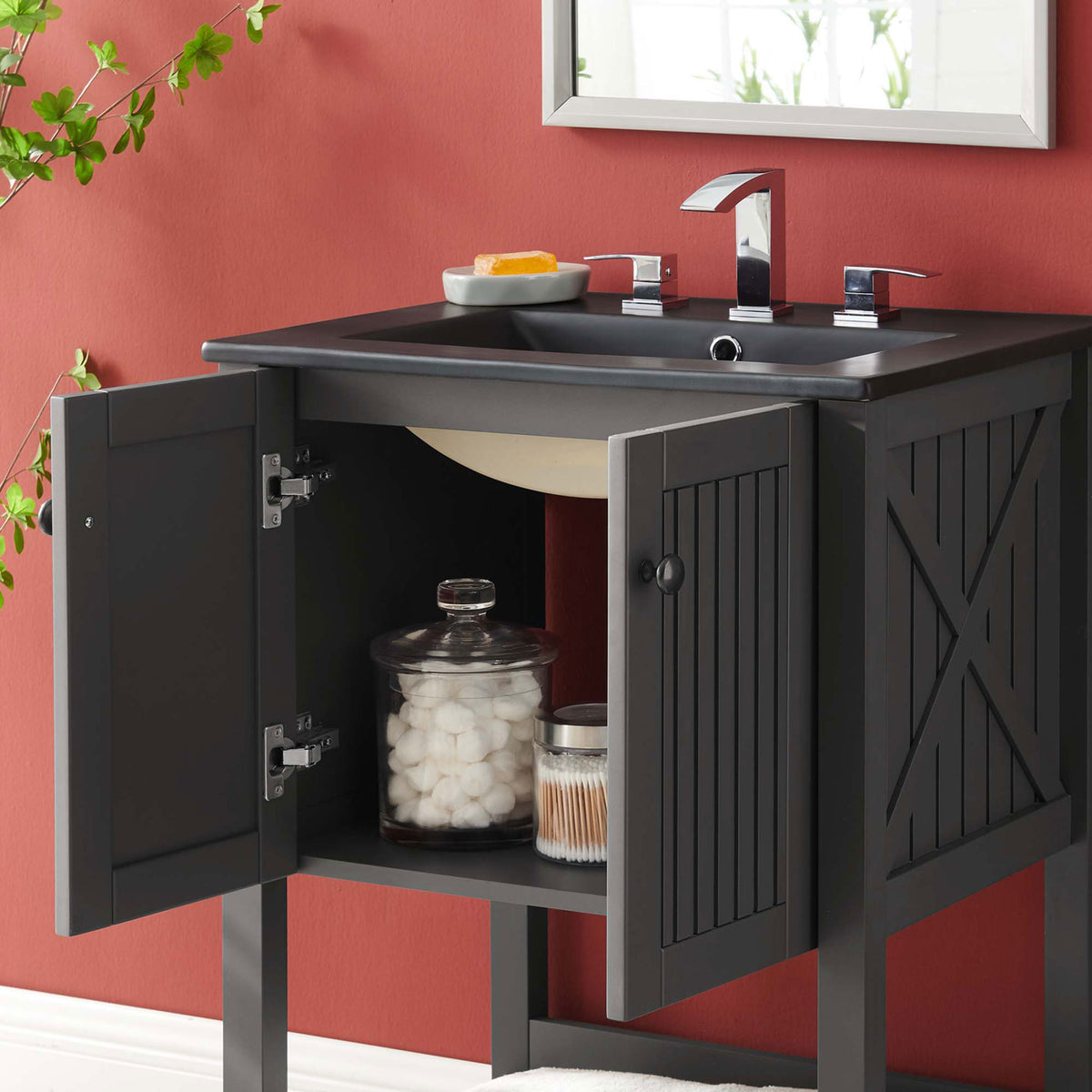 Lifestyle view with doors open revealing interior storage beneath the integrated basin || EEI-5360-GRY-BLK || storage_open_room