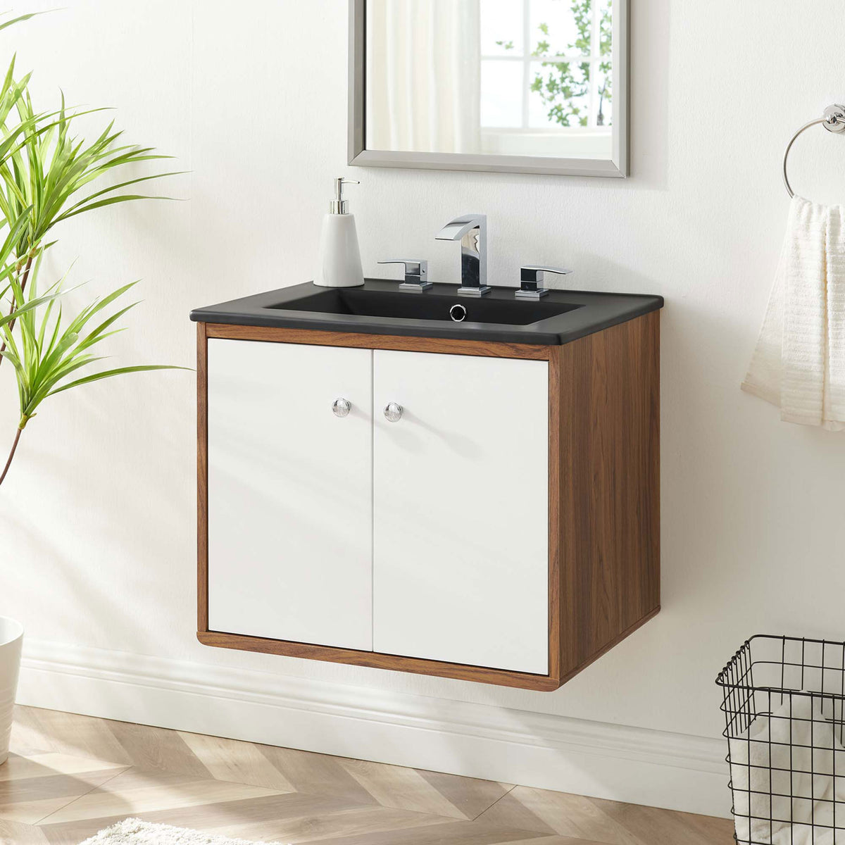 Floating wall-mount vanity with black countertop and warm wood tones for a clean, modern bath look || EEI-5362-WHI-BLK || front_angle_room