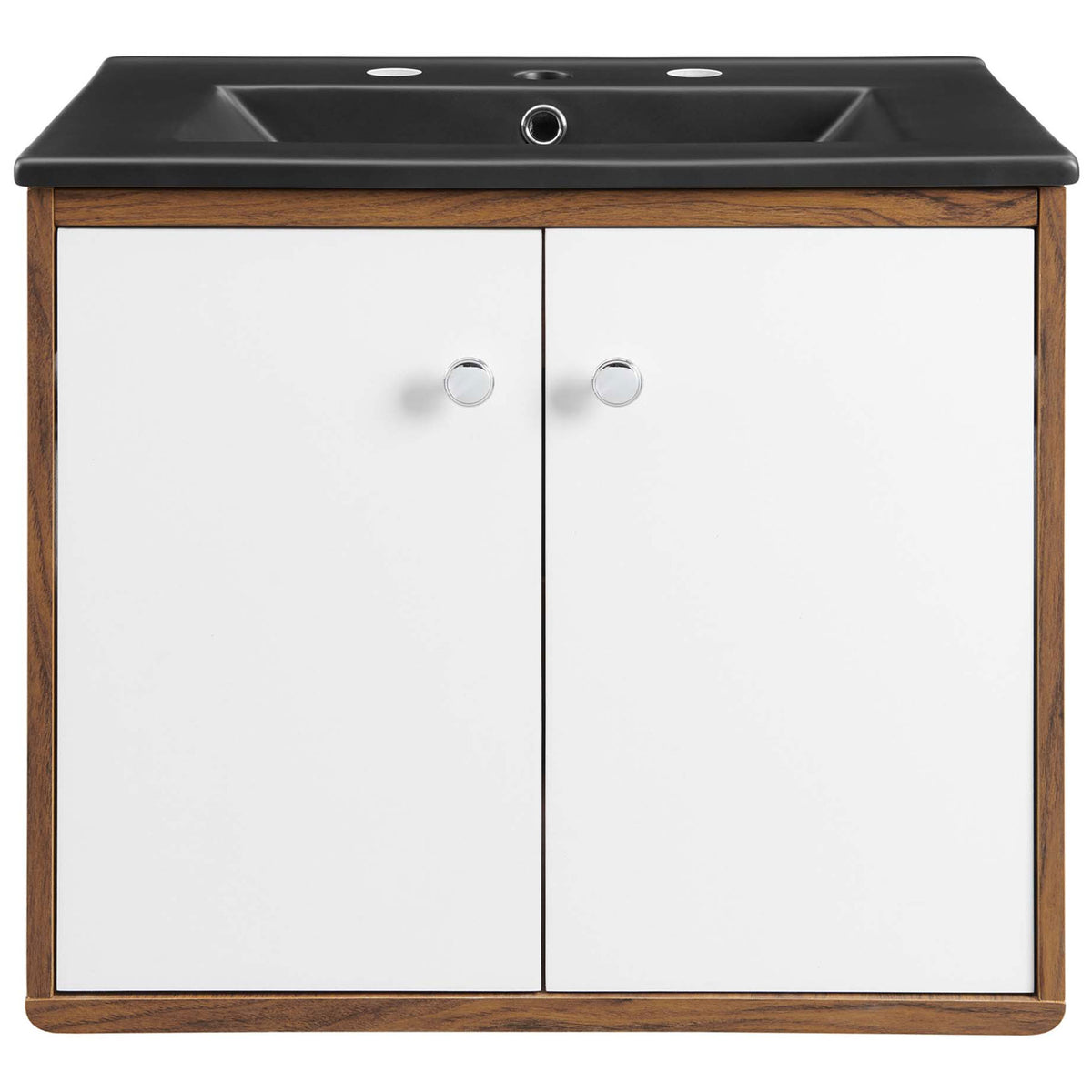 Walnut grain vanity with matte black integrated sink and crisp white doors with chrome knobs || EEI-5362-WHI-BLK || front_studio