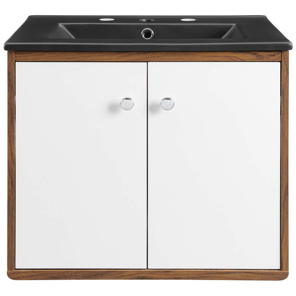 Walnut grain vanity with matte black integrated sink and crisp white doors with chrome knobs || EEI-5362-WHI-BLK || front_studio
