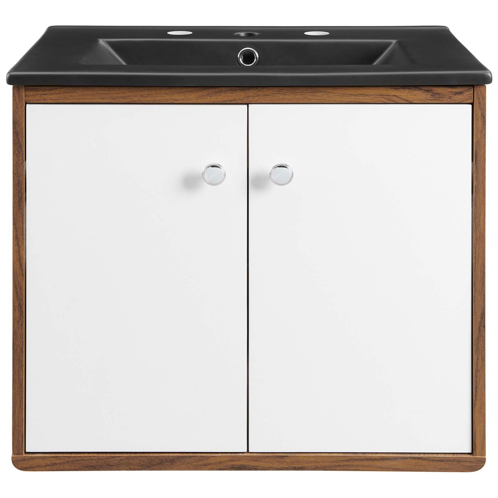 Walnut grain vanity with matte black integrated sink and crisp white doors with chrome knobs || EEI-5362-WHI-BLK || front_studio