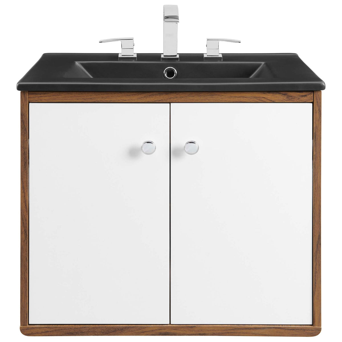 Sleek matte black basin and walnut cabinet, shown with chrome faucet and dual white soft-close doors || EEI-5362-WHI-BLK || front_studio
