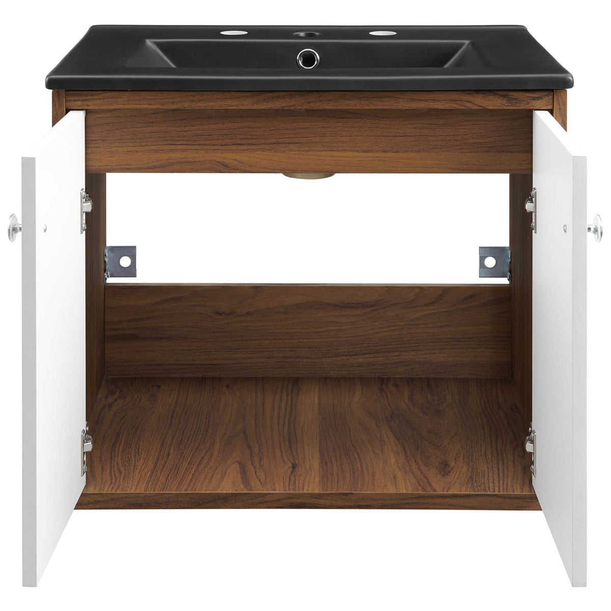 Open double doors reveal generous storage inside the walnut cabinet beneath the integrated sink || EEI-5362-WHI-BLK || front_open_studio