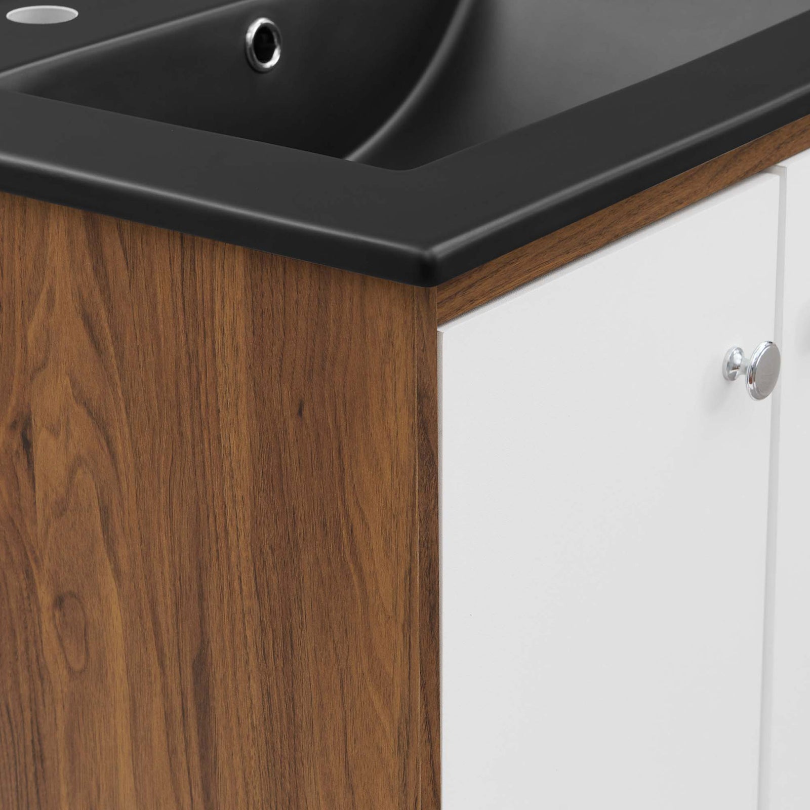 Walnut grain finish, matte black countertop, and polished chrome hardware details || EEI-5362-WHI-BLK || detail_studio