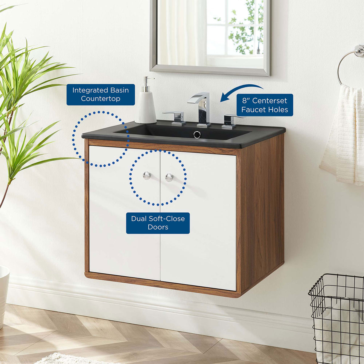 Wall-mounted vanity features an integrated countertop and dual soft-close doors in a modern setting || EEI-5362-WHI-BLK || callout_room