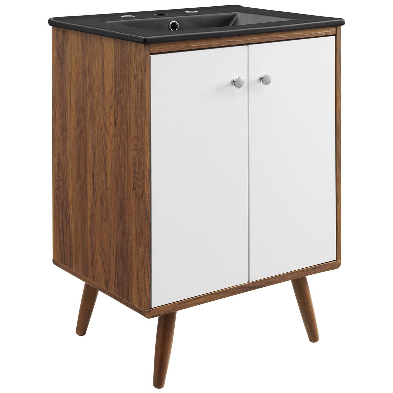Walnut-grain frame and splayed wood legs warm up the clean, minimalist vanity silhouette || EEI-5363-WHI-BLK || front_angle_studio