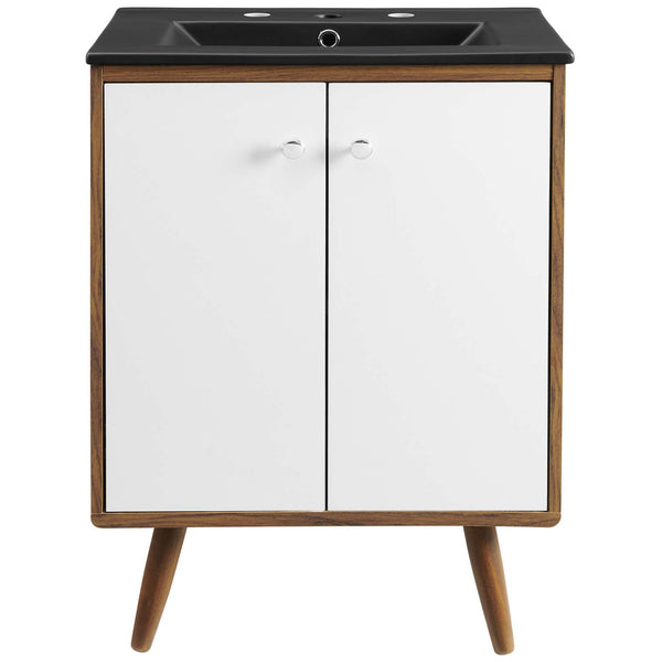 Crisp white doors and a black integrated basin top bring mid-century style to this compact vanity || EEI-5363-WHI-BLK || front_studio