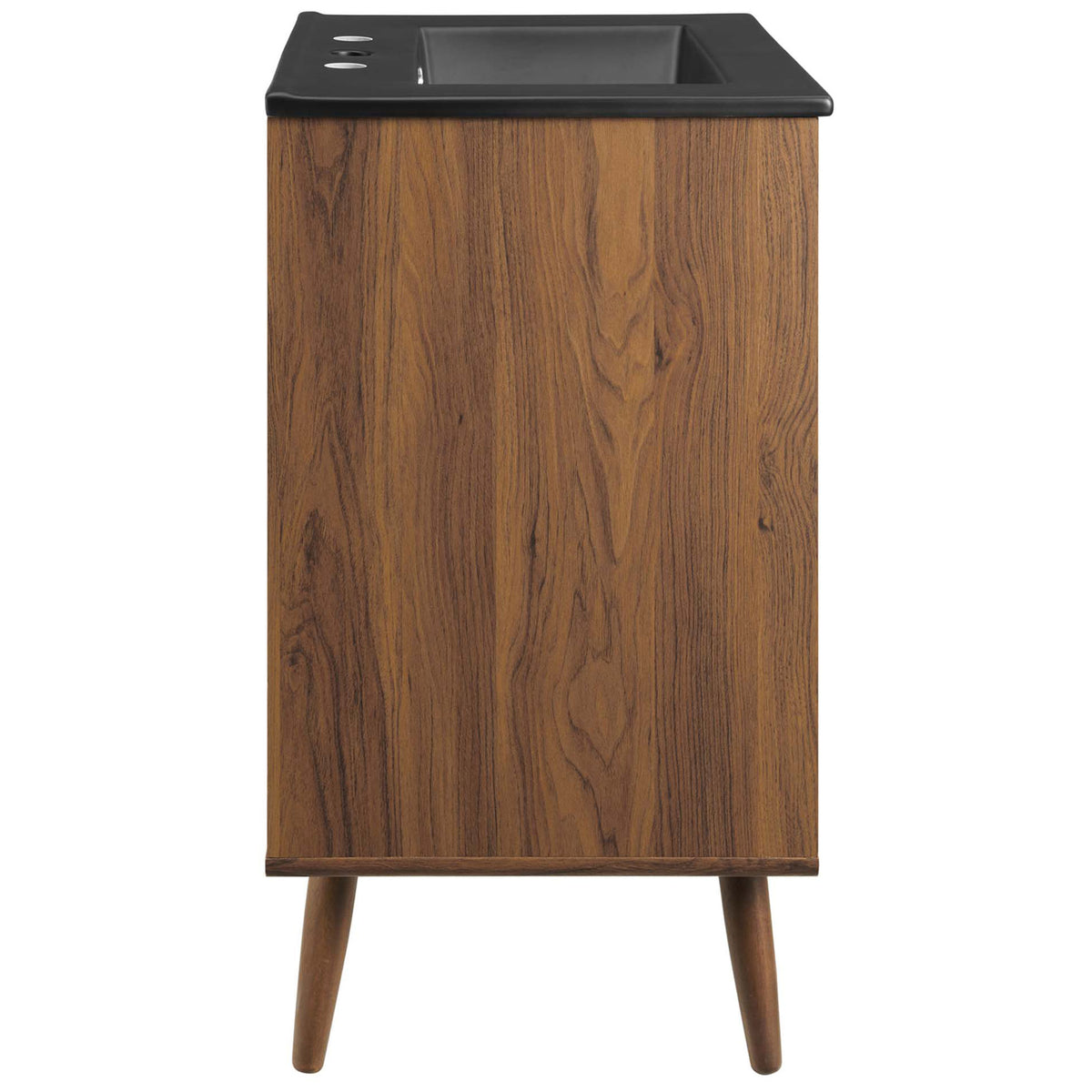 Rich walnut wood-grain panel and tapered legs emphasize the vanity's clean, modern lines || EEI-5363-WHI-BLK || side_studio
