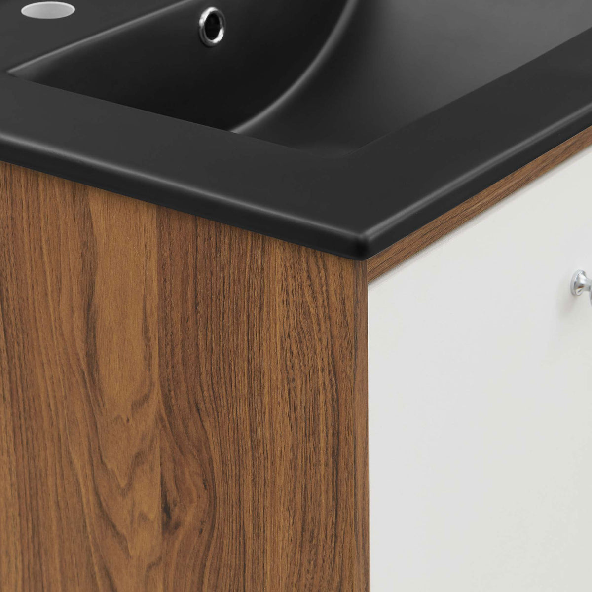 Matte countertop meets walnut veneer in a crisp, seamless edge for a tailored finish || EEI-5363-WHI-BLK || detail_studio