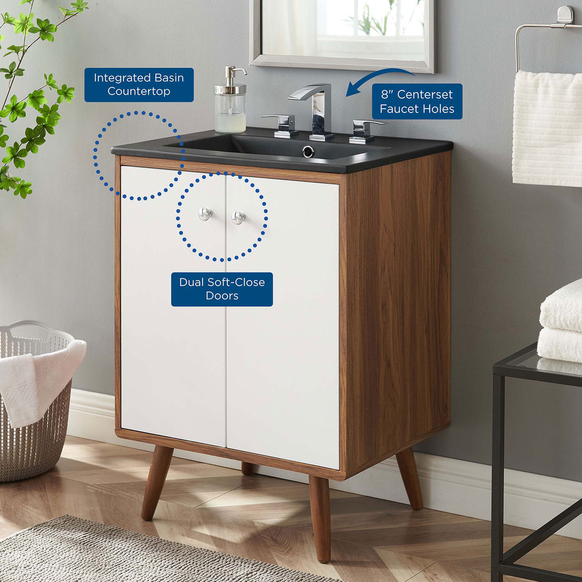 Integrated basin countertop, soft-close doors, and 8 inch faucet holes make bathroom updates easy || EEI-5363-WHI-BLK || callout_room