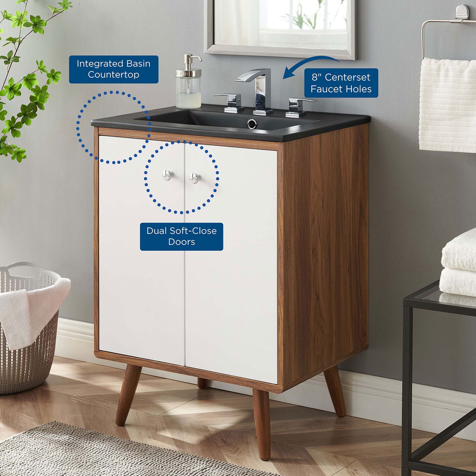 Integrated basin countertop, soft-close doors, and 8 inch faucet holes make bathroom updates easy || EEI-5363-WHI-BLK || callout_room