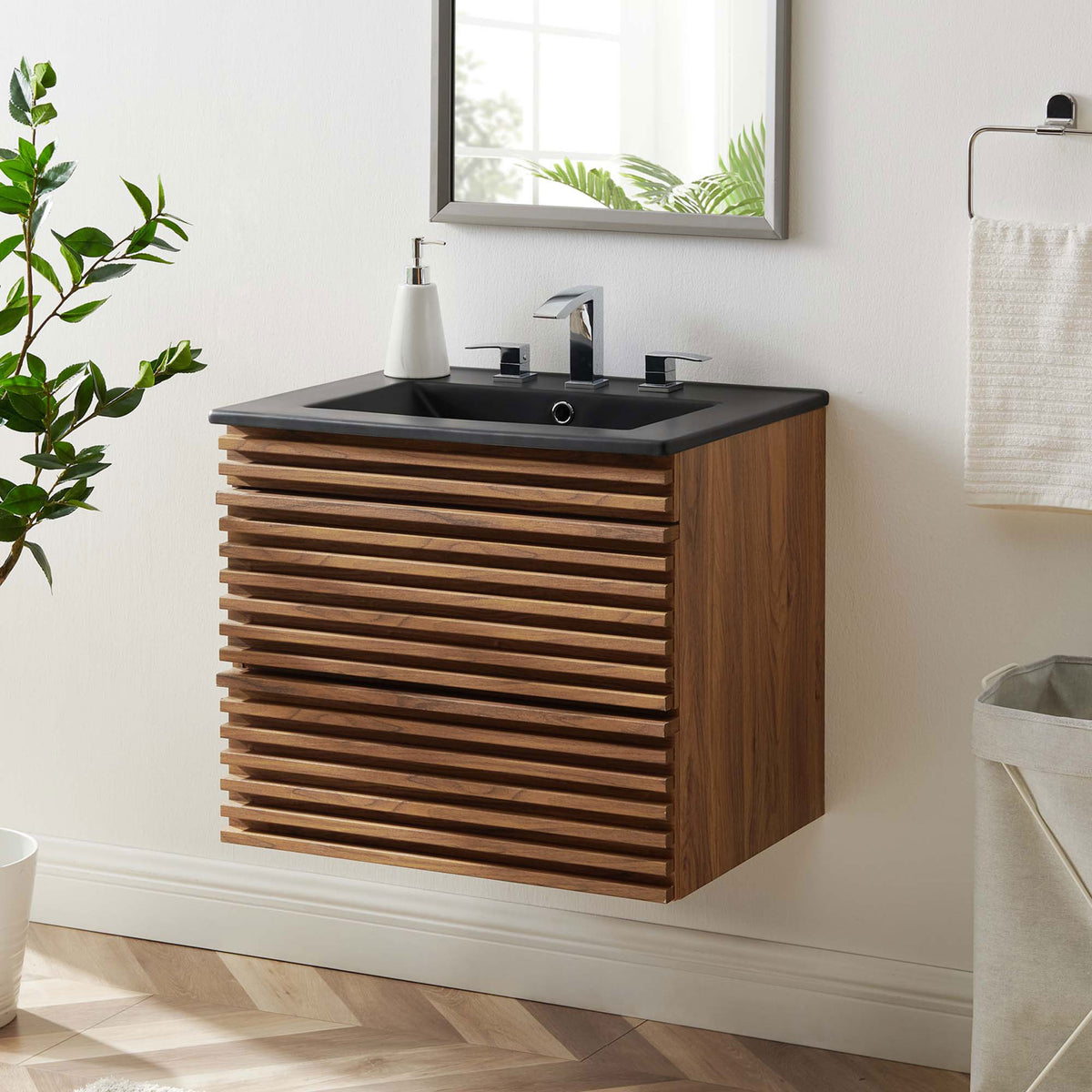 Wall-mounted vanity showcases walnut slatted front and black sink for a refined bath look. || EEI-5364-WAL-BLK || front_room