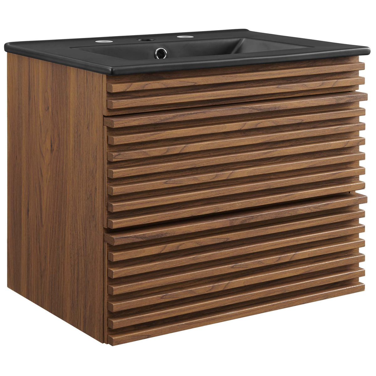 Matte black integrated ceramic sink and ribbed walnut drawer fronts in a compact wall-mount vanity. || EEI-5364-WAL-BLK || front_angle_studio