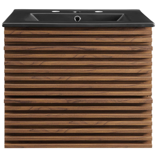 Clean front with horizontal slatted drawers and black sink for a modern, wall-mounted bathroom update. || EEI-5364-WAL-BLK || front_studio