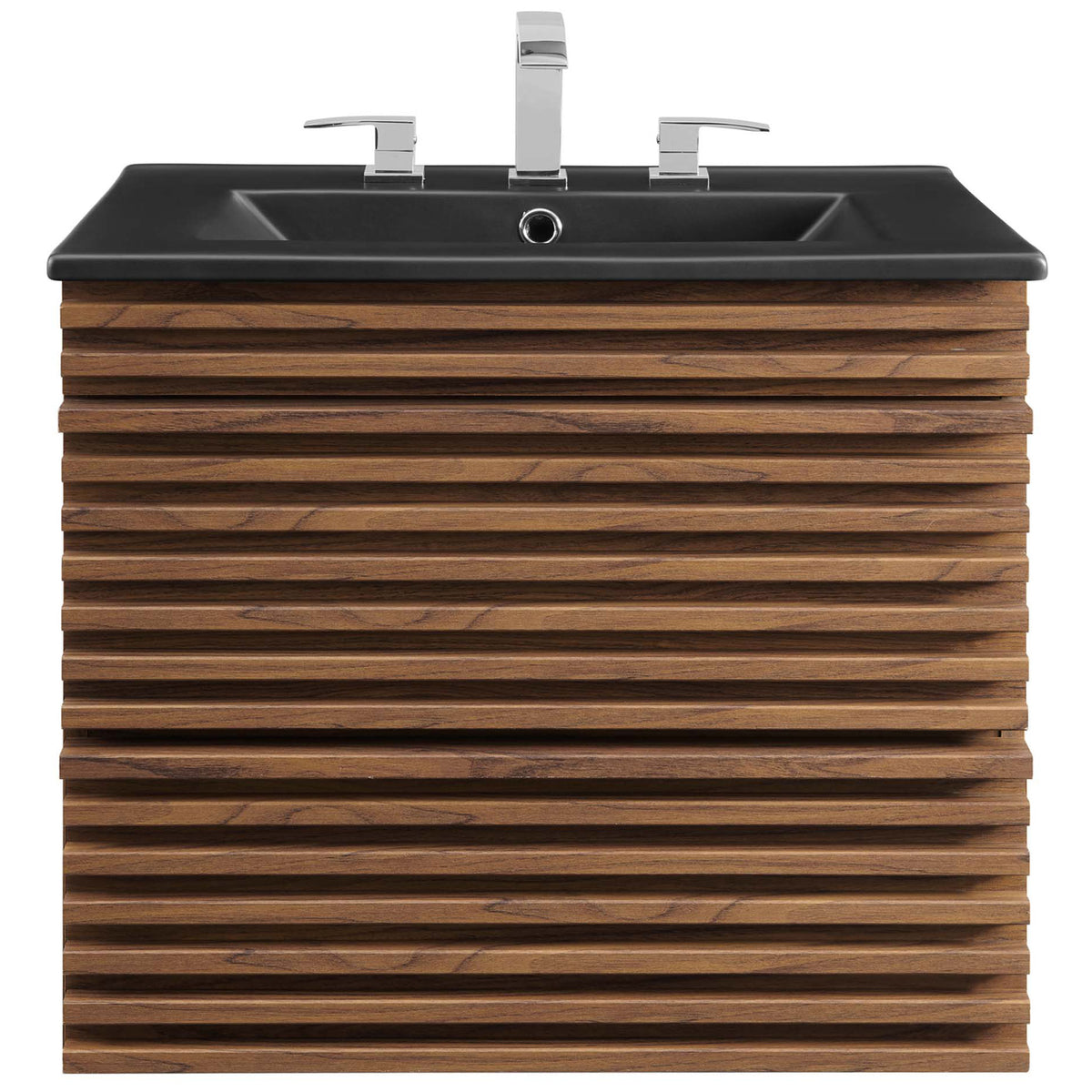 Sleek rectangular basin with three-hole deck above sculpted walnut slatted drawers. || EEI-5364-WAL-BLK || front_studio