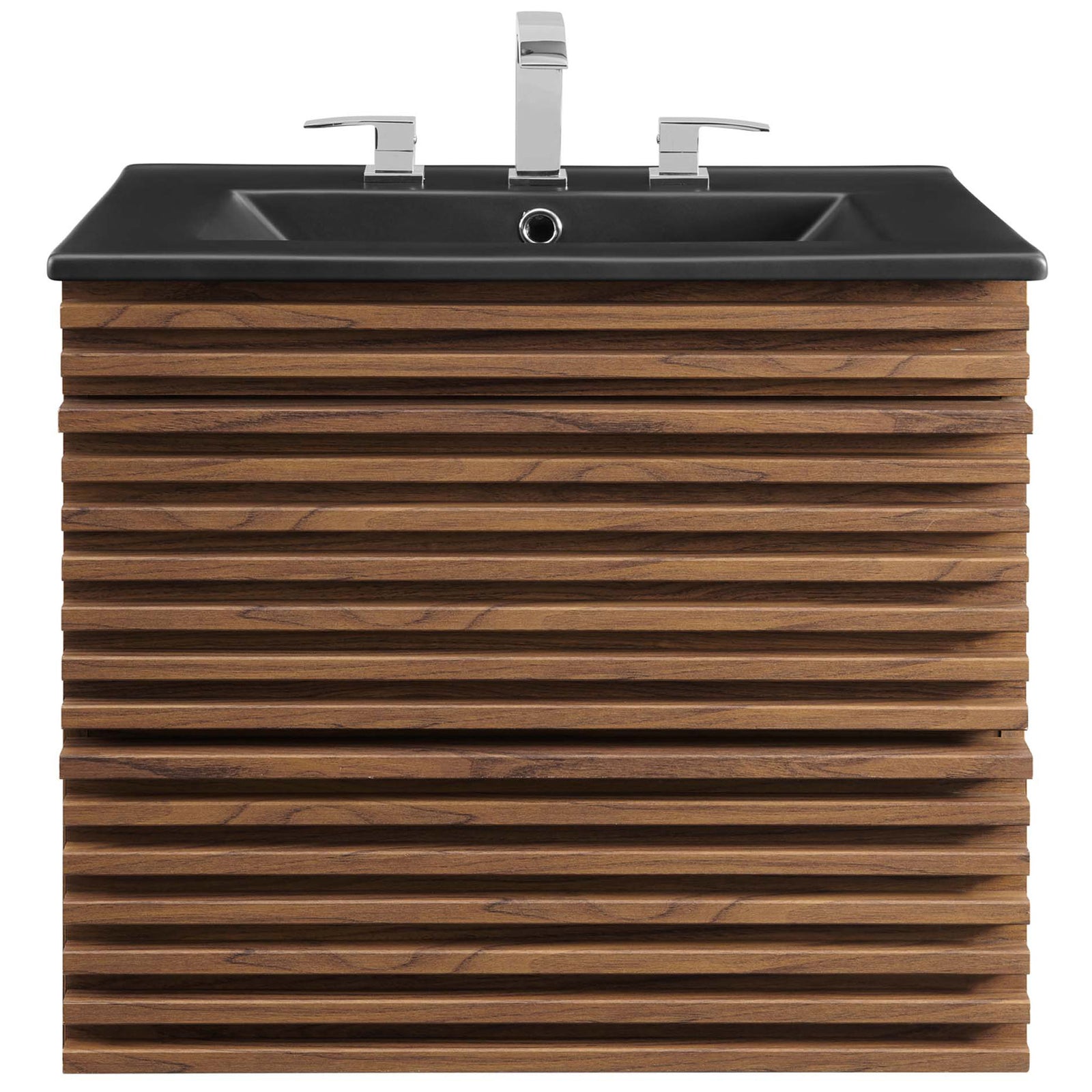 Sleek rectangular basin with three-hole deck above sculpted walnut slatted drawers. || EEI-5364-WAL-BLK || front_studio