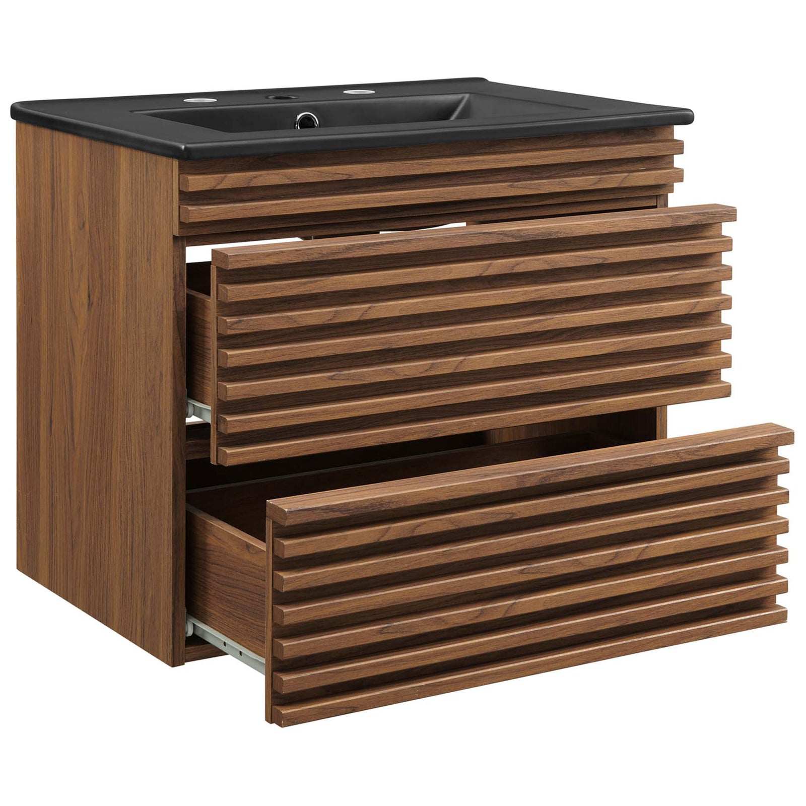 Two full-extension drawers glide open beneath a matte black integrated basin. || EEI-5364-WAL-BLK || front_angle_open_studio