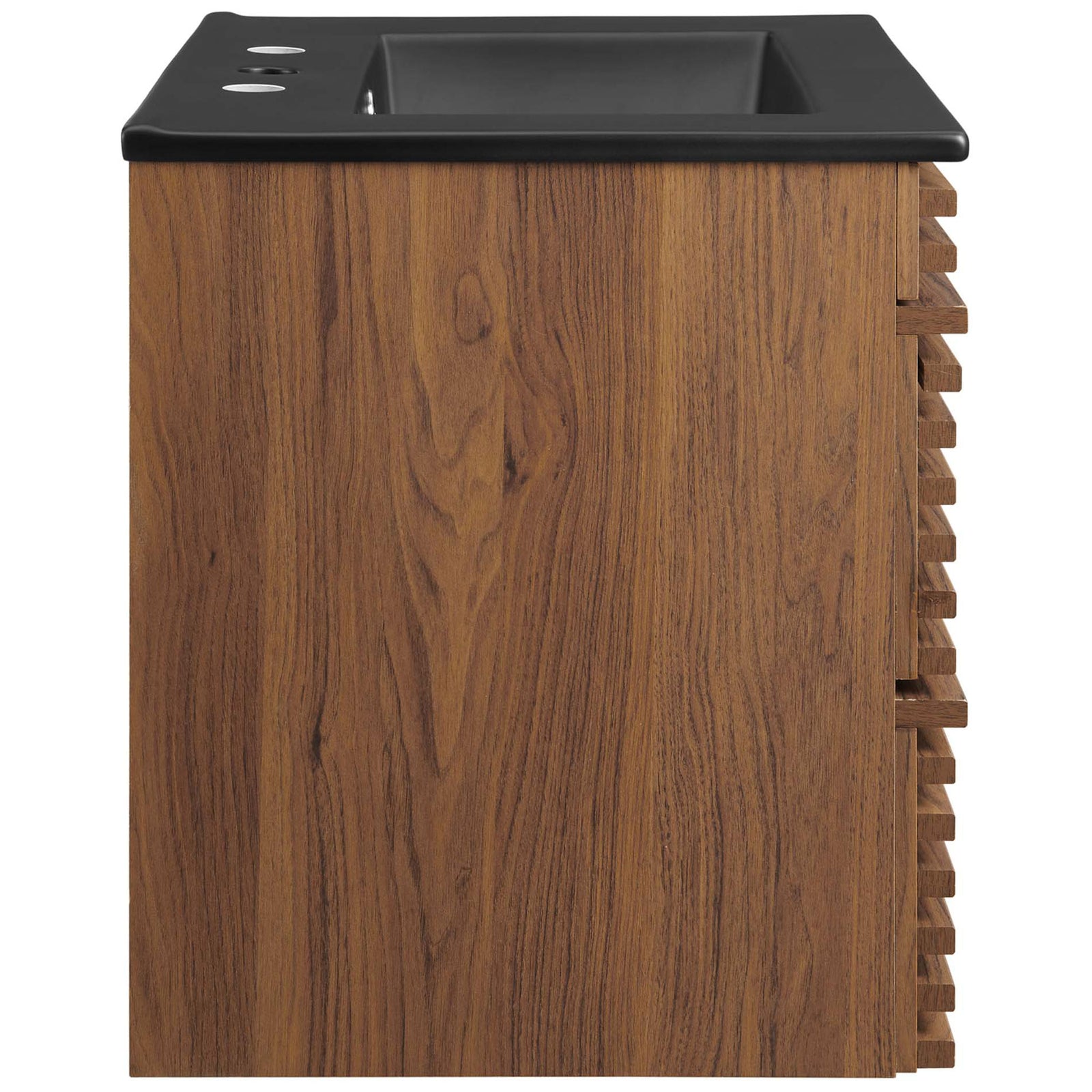 Streamlined walnut wood grain sides complement the floating vanity design. || EEI-5364-WAL-BLK || side_studio