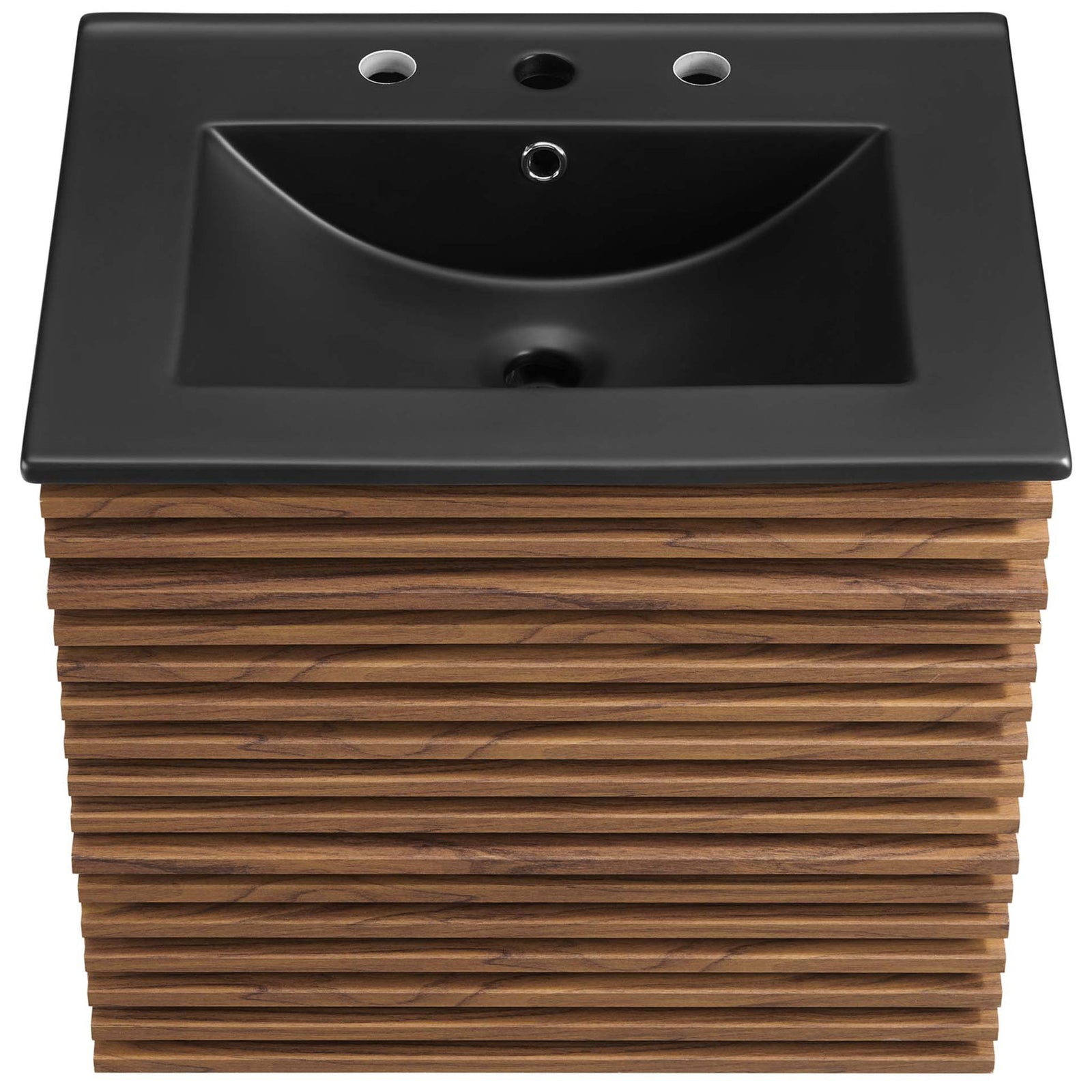 Rectangular black ceramic sink with three pre-drilled faucet holes and integrated countertop. || EEI-5364-WAL-BLK || top_studio