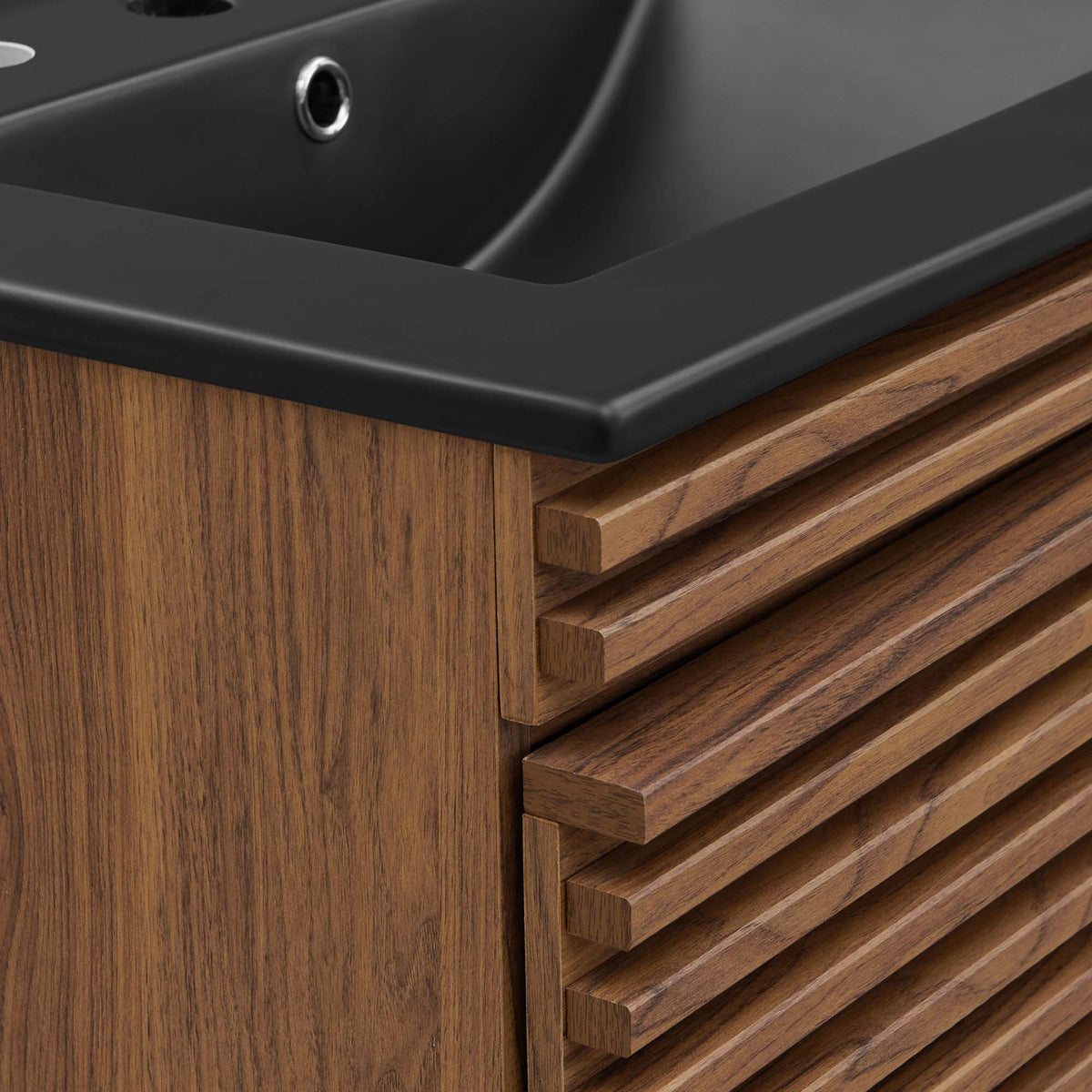 Crisp mitered edges and ribbed drawer facade pair with a smooth matte black basin. || EEI-5364-WAL-BLK || detail_studio