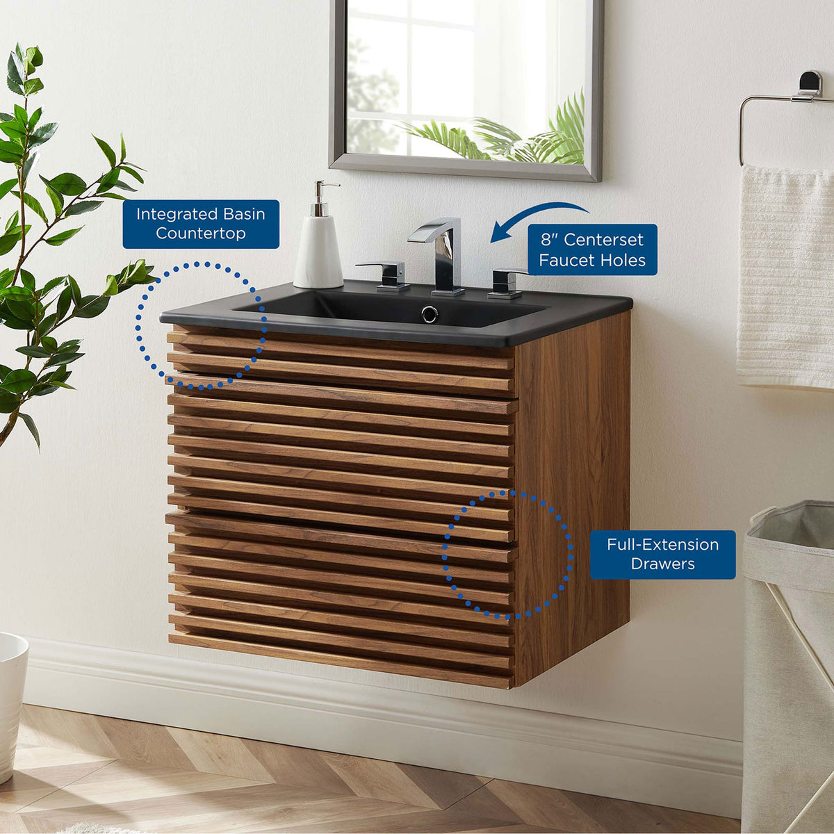 Integrated basin countertop and full-extension drawers in a modern walnut wall-mount vanity. || EEI-5364-WAL-BLK || callout_room