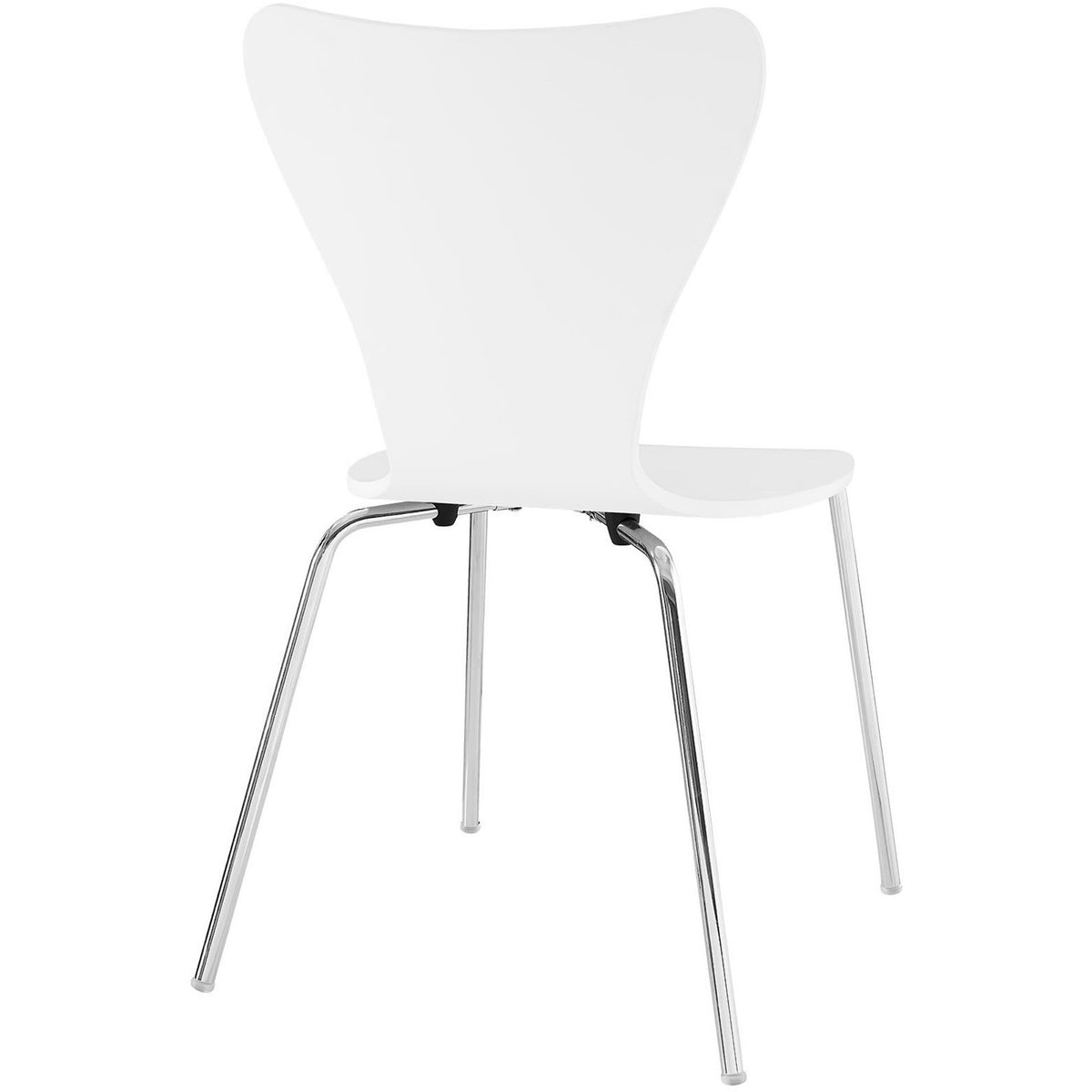 A broad white backrest and slim chrome legs give this armless chair a fresh, modern look.