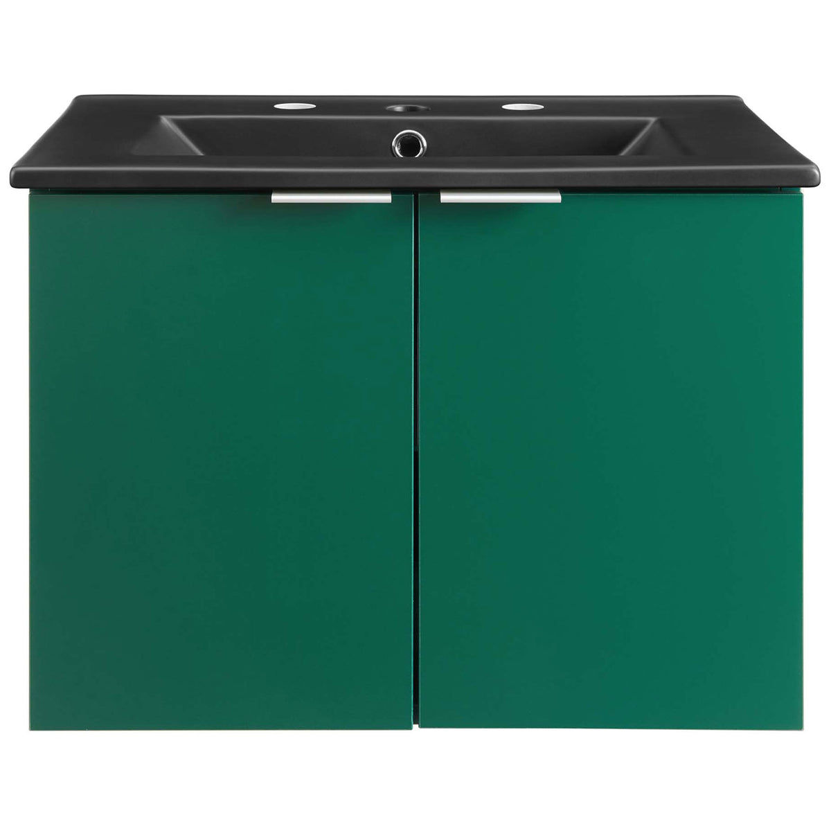 Crisp two-door green cabinet with matte black sink and chrome-finish L-shaped pulls || EEI-5370-GRN-BLK || front_studio