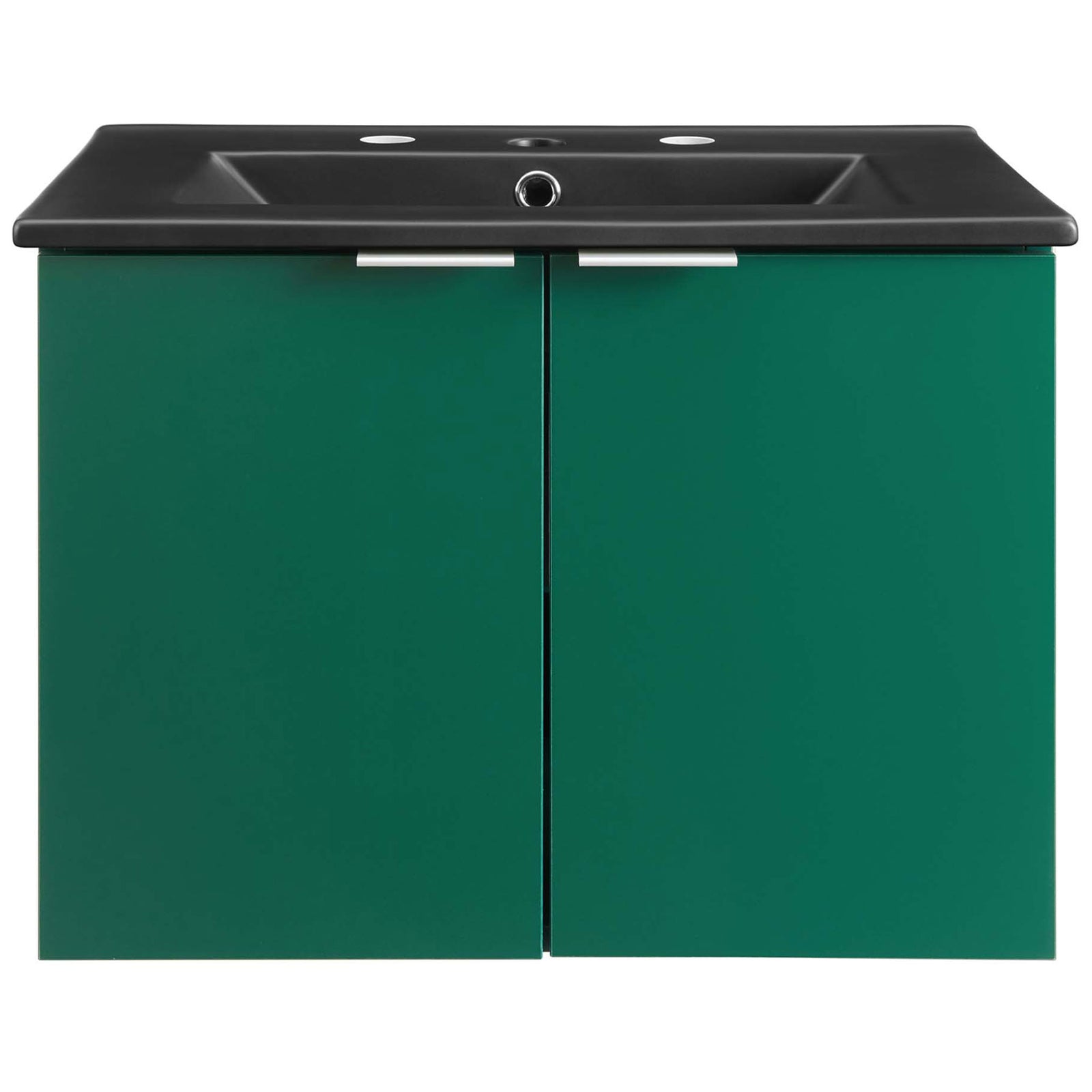 Crisp two-door green cabinet with matte black sink and chrome-finish L-shaped pulls || EEI-5370-GRN-BLK || front_studio