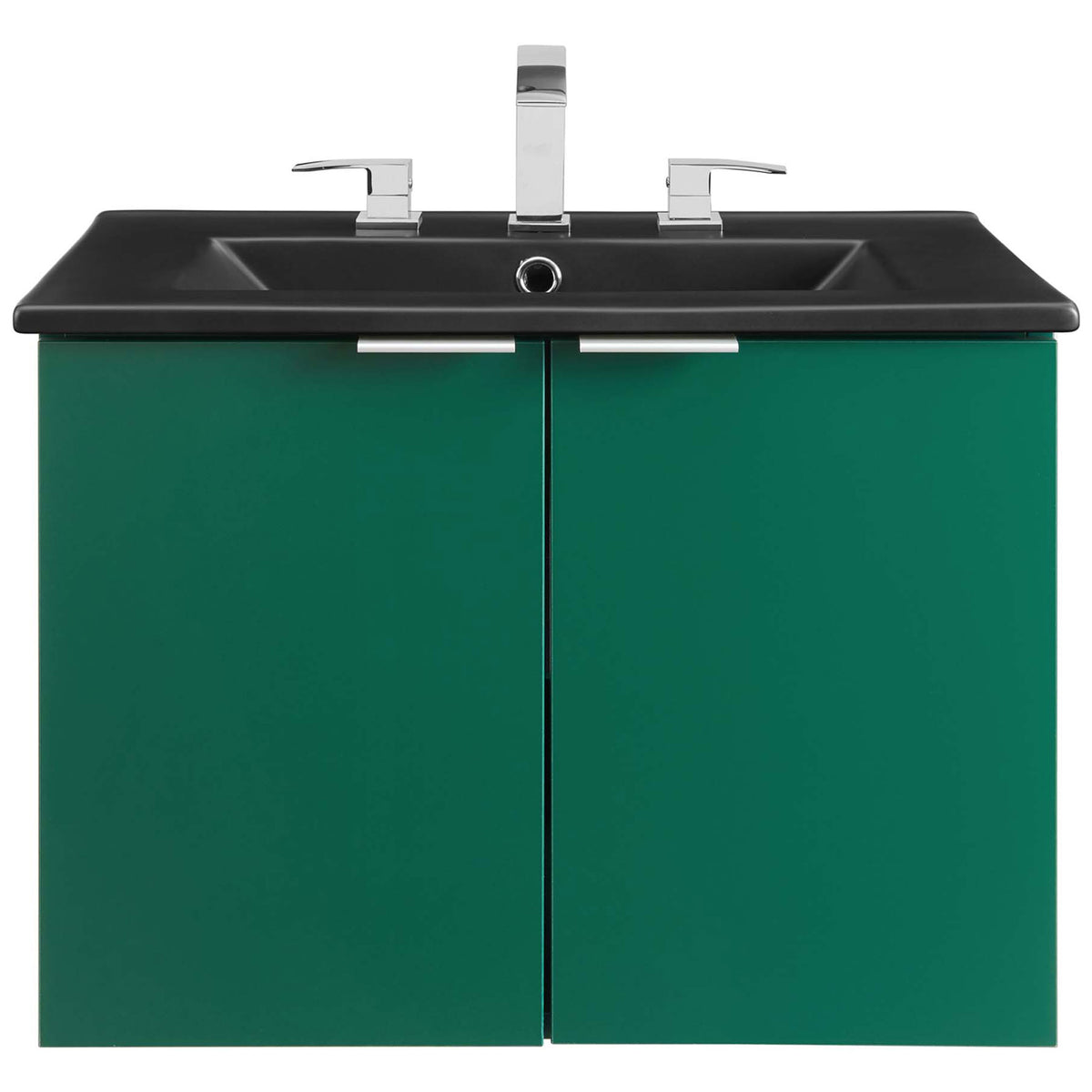 Green vanity with matte black sink, compatible with 8-inch widespread faucets for a polished look || EEI-5370-GRN-BLK || front_studio