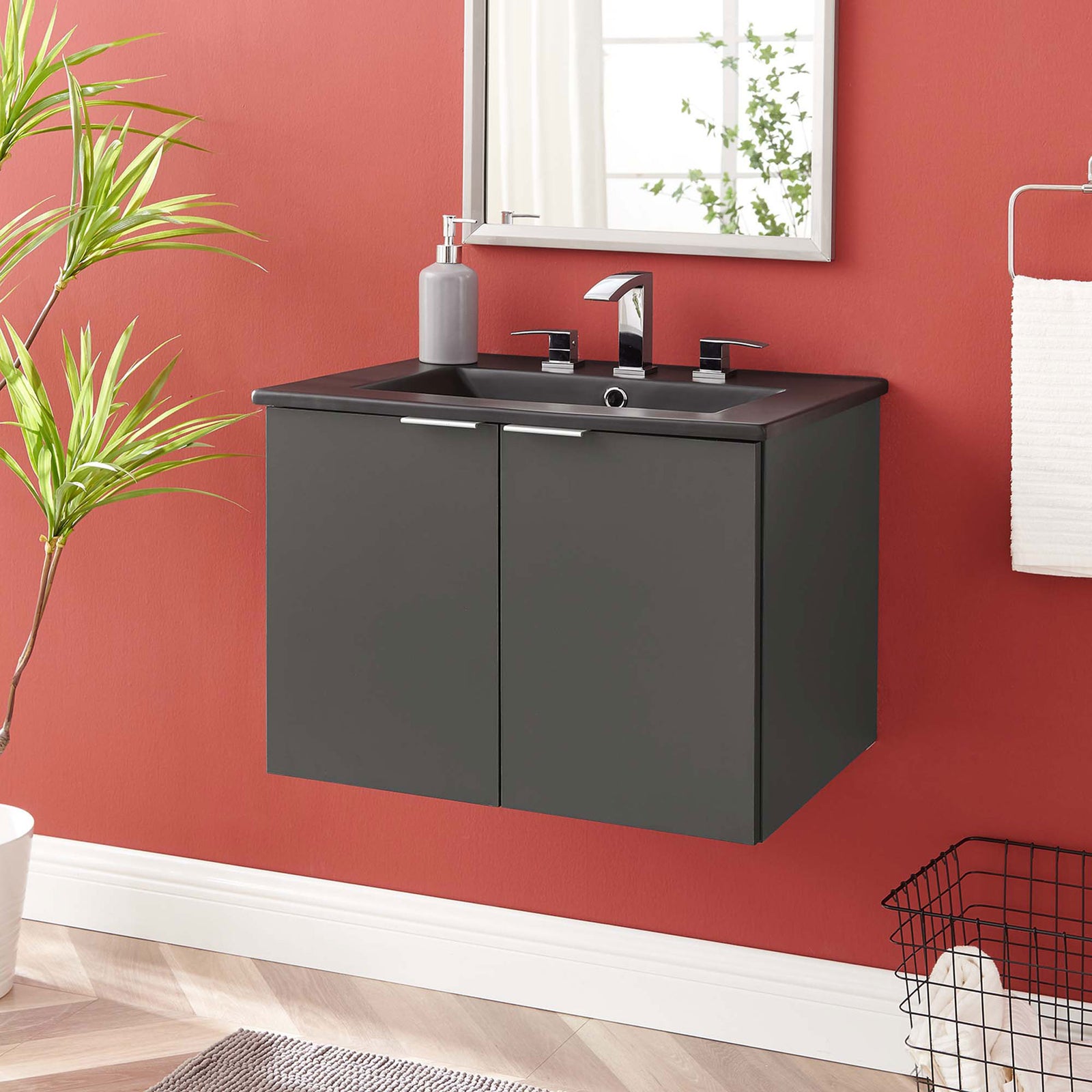 Contemporary gray wall-mount vanity with black integrated sink elevates small bathrooms with clean style || EEI-5370-GRY-BLK || front_room