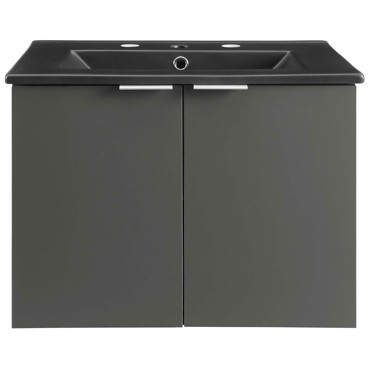 Clean-lined gray vanity with integrated black basin and minimalist chrome handles for a modern bathroom update || EEI-5370-GRY-BLK || front_studio