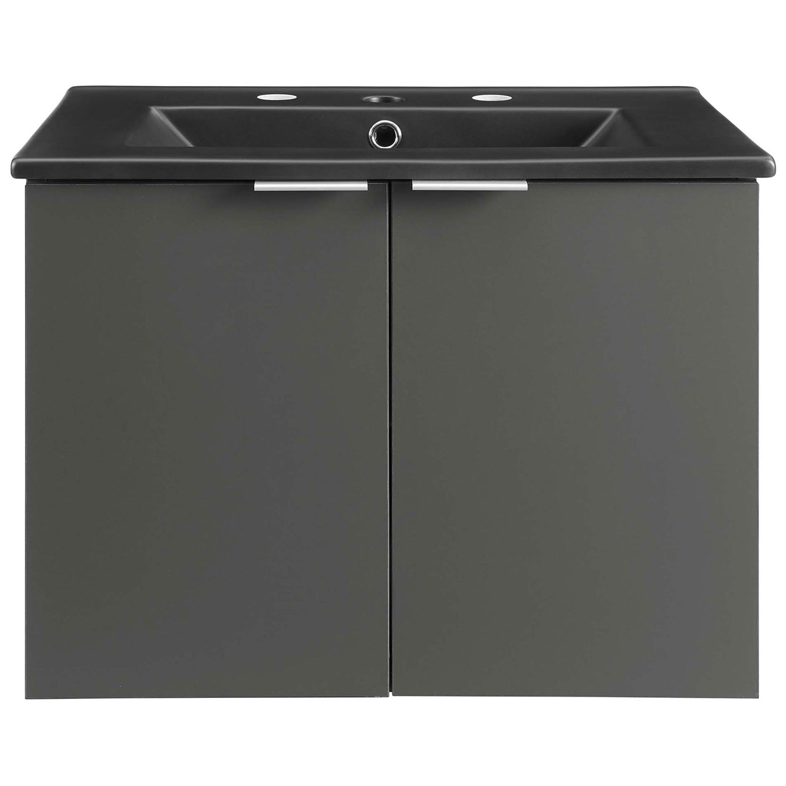 Clean-lined gray vanity with integrated black basin and minimalist chrome handles for a modern bathroom update || EEI-5370-GRY-BLK || front_studio