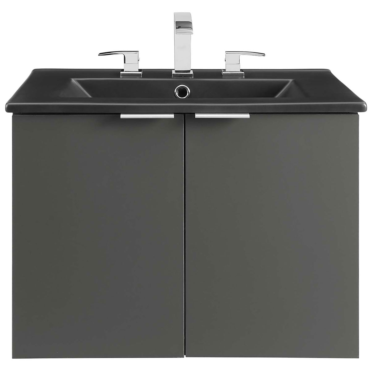 Modern 24-inch vanity showcases an integrated black sink and crisp gray cabinet with minimalist hardware || EEI-5370-GRY-BLK || front_studio