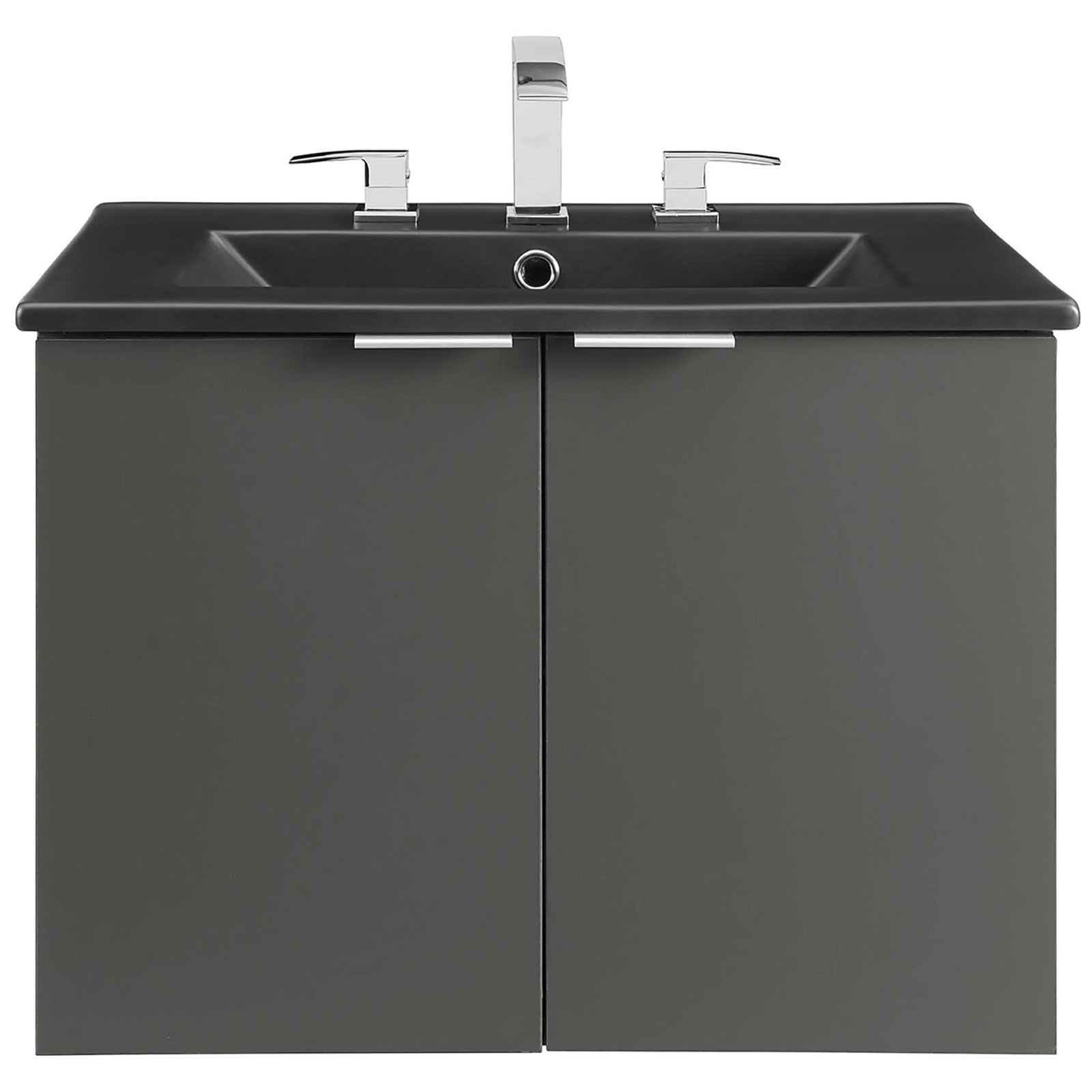 Modern 24-inch vanity showcases an integrated black sink and crisp gray cabinet with minimalist hardware || EEI-5370-GRY-BLK || front_studio