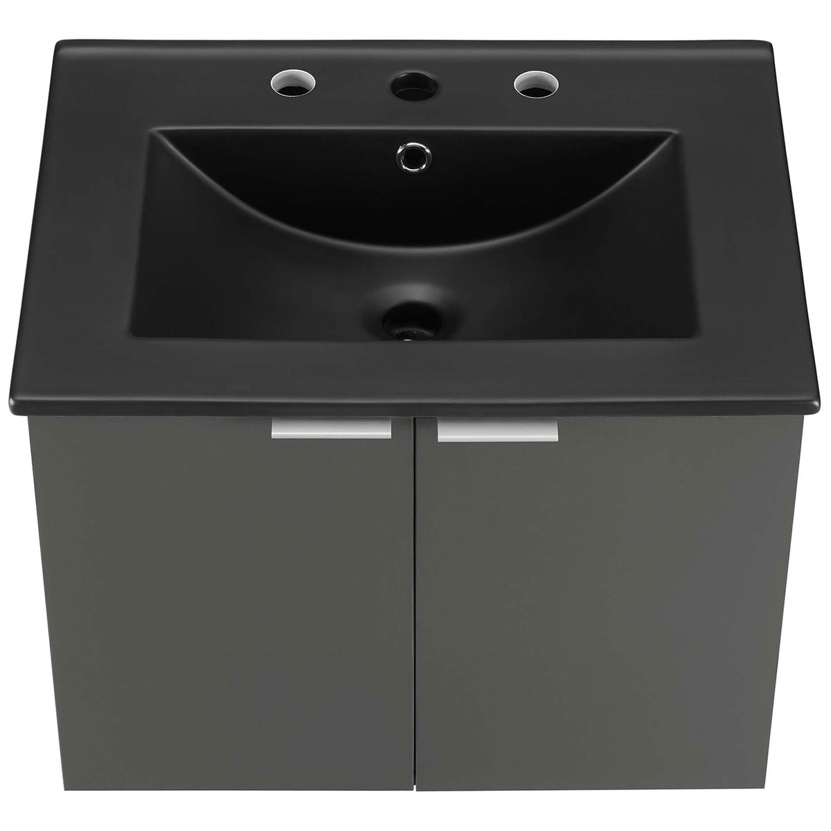 Wide integrated black basin with 8-inch faucet holes provides generous space at the vanity top || EEI-5370-GRY-BLK || top_studio