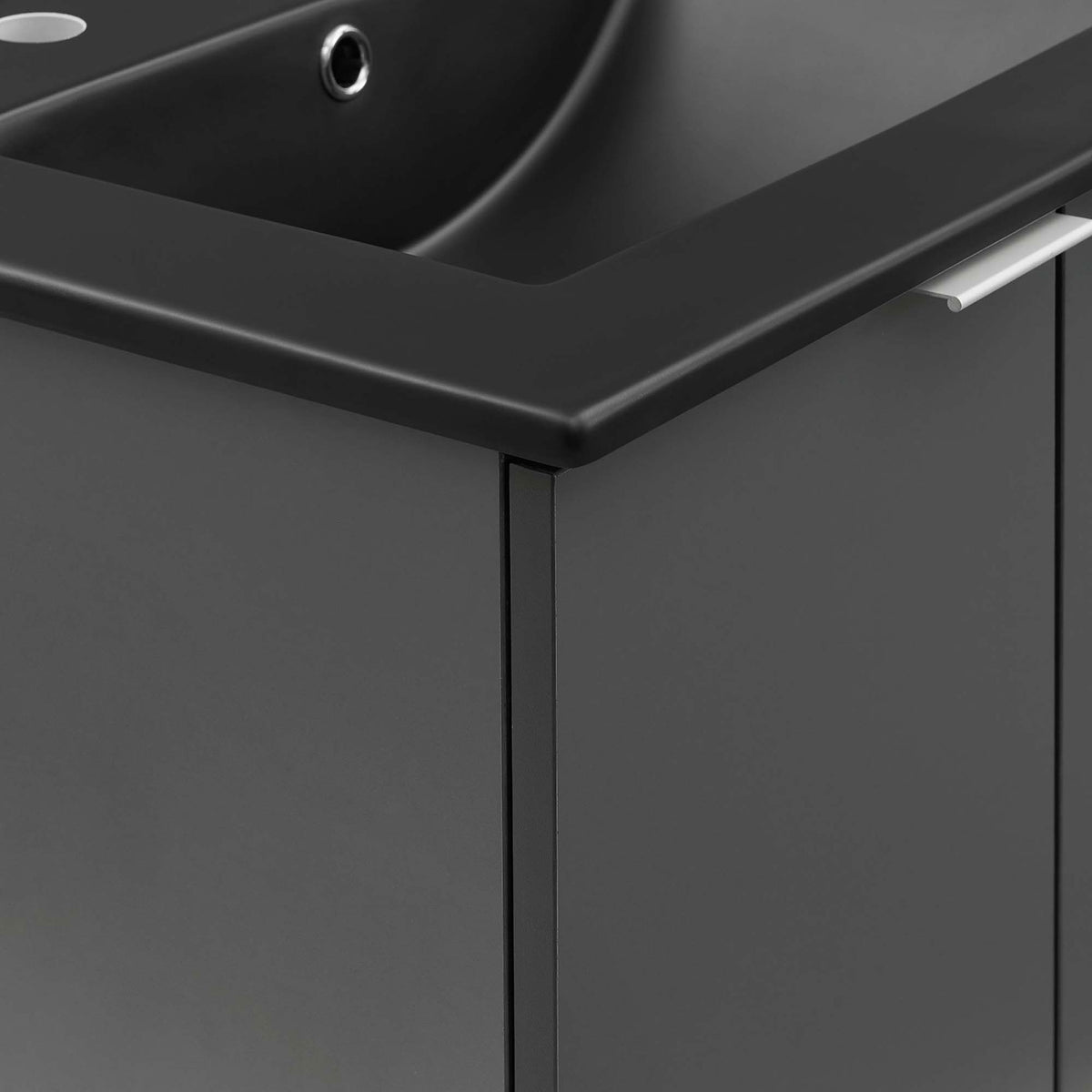 Rounded sink edge and slim L-shaped pull accent the smooth gray cabinet finish || EEI-5370-GRY-BLK || detail_studio