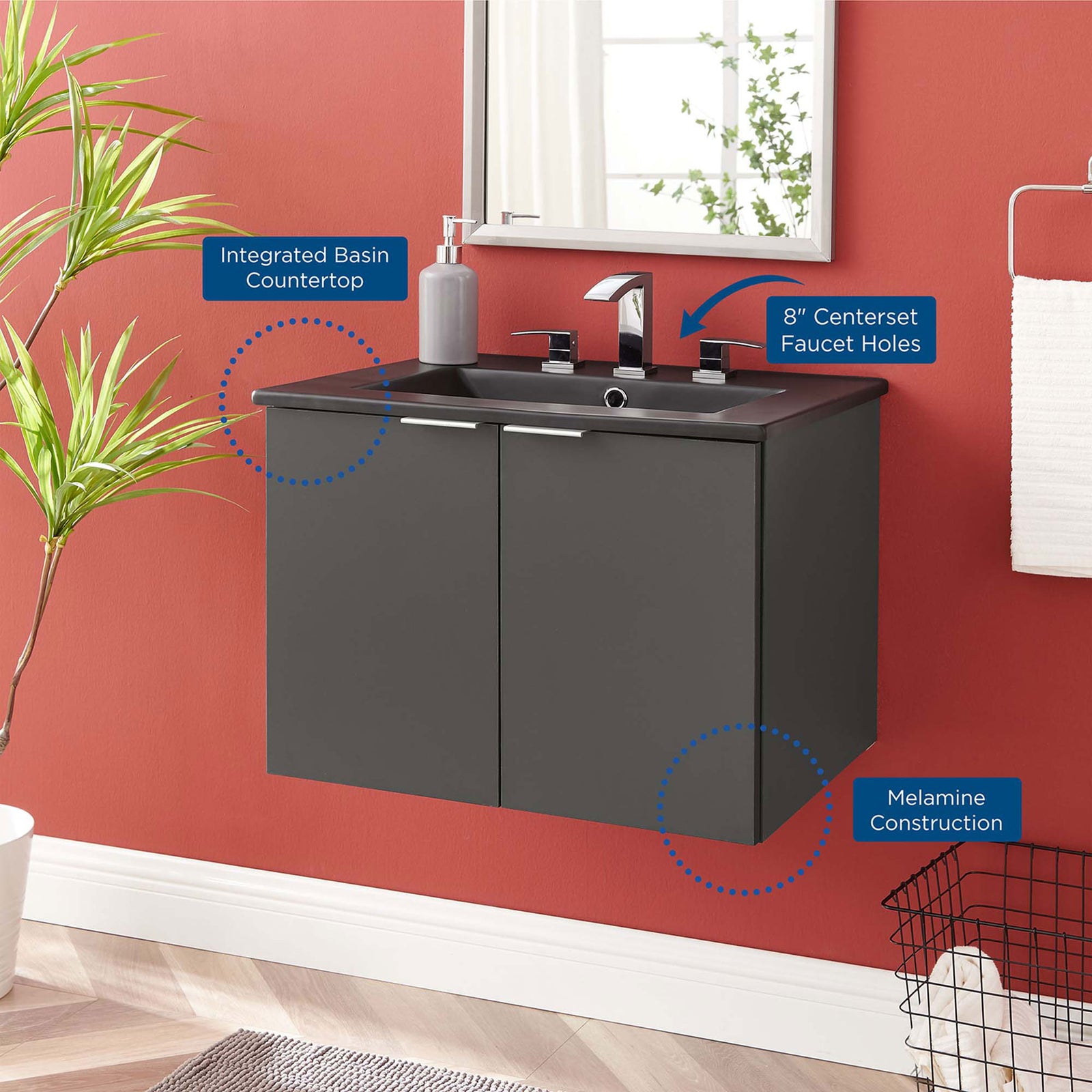 Wall-mounted vanity with integrated basin and durable melamine build, highlighted with helpful feature callouts || EEI-5370-GRY-BLK || callout_room