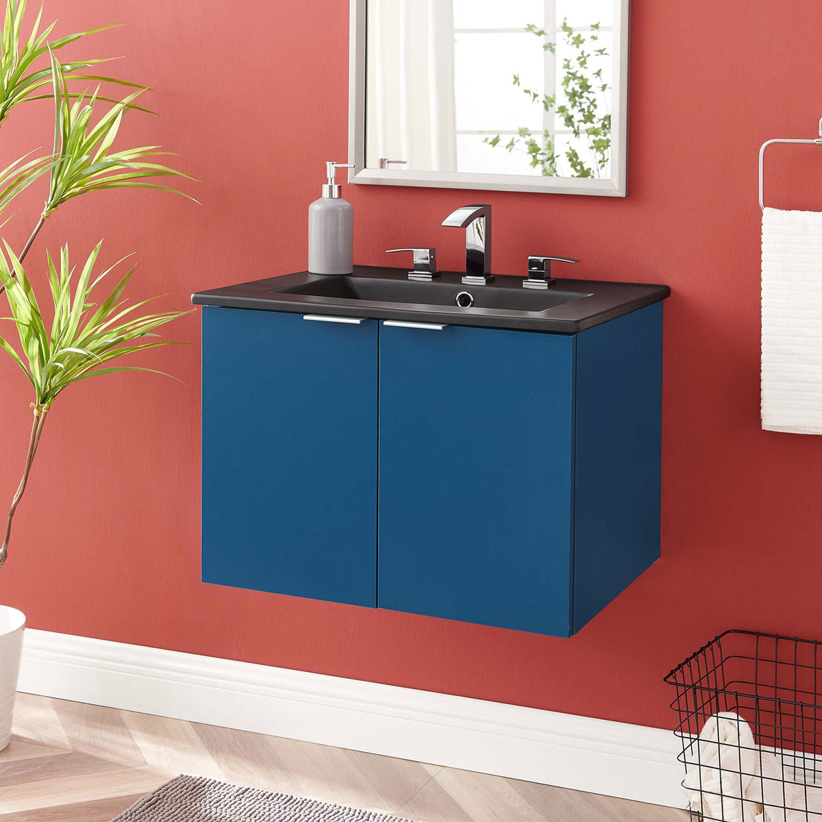 Floating navy vanity with black top brings modern contrast to the bath || EEI-5370-NAV-BLK || front_angle_room